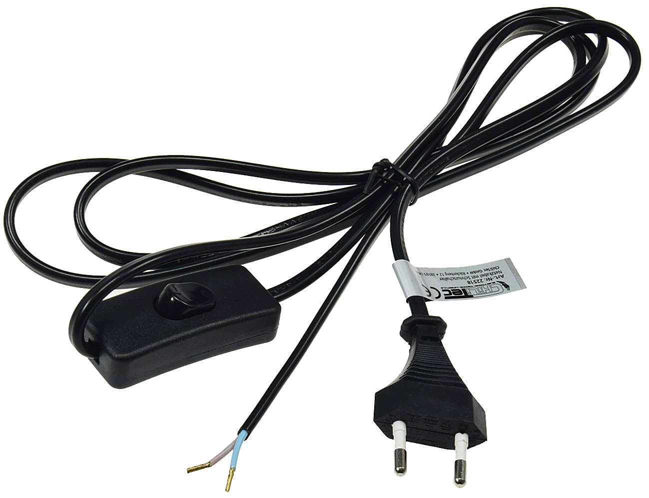 McPower Netzkabel Mit Schnurschalter – 2m, Weiß, H03VVH2-F 2x0,75mm², Max. 100W