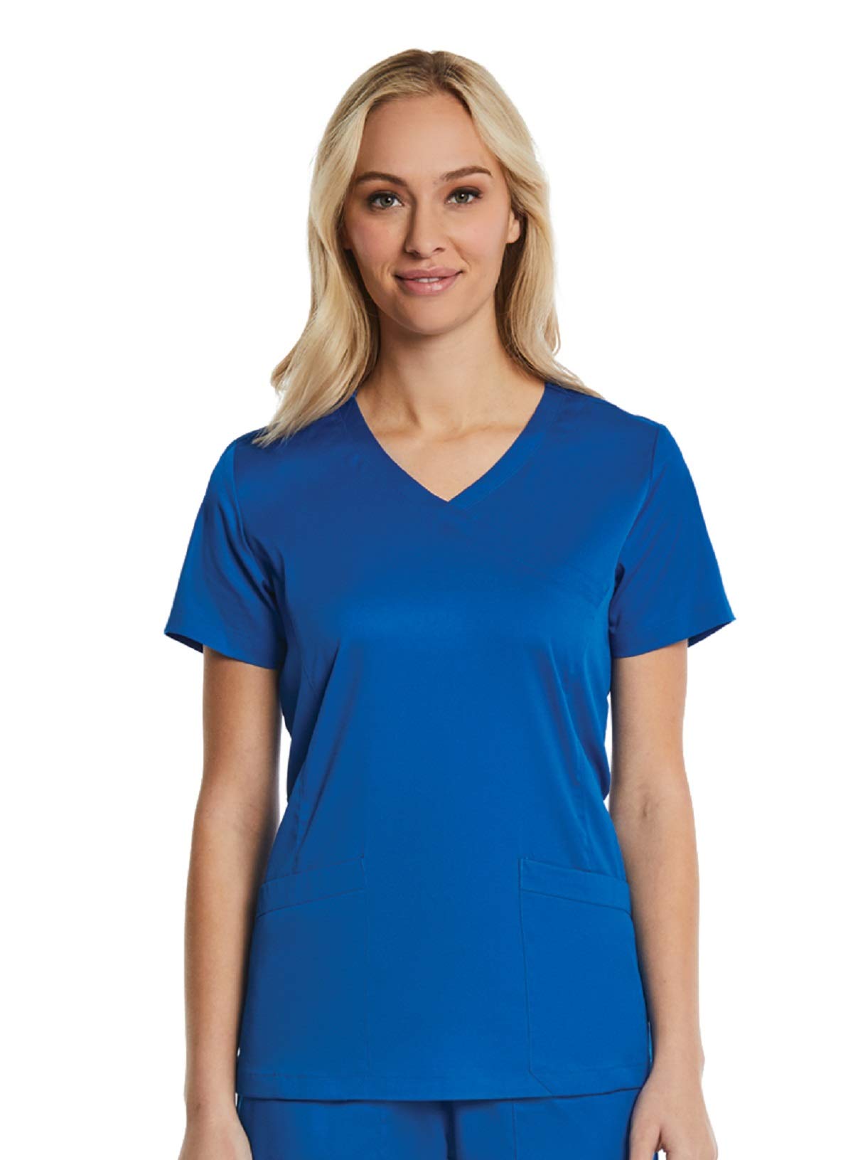 Mock Wrap Scrub Top for Women 2 Pocket 4-Way Stretch for Medical Dental Spa EL9115 (Royal Blue, Small)
