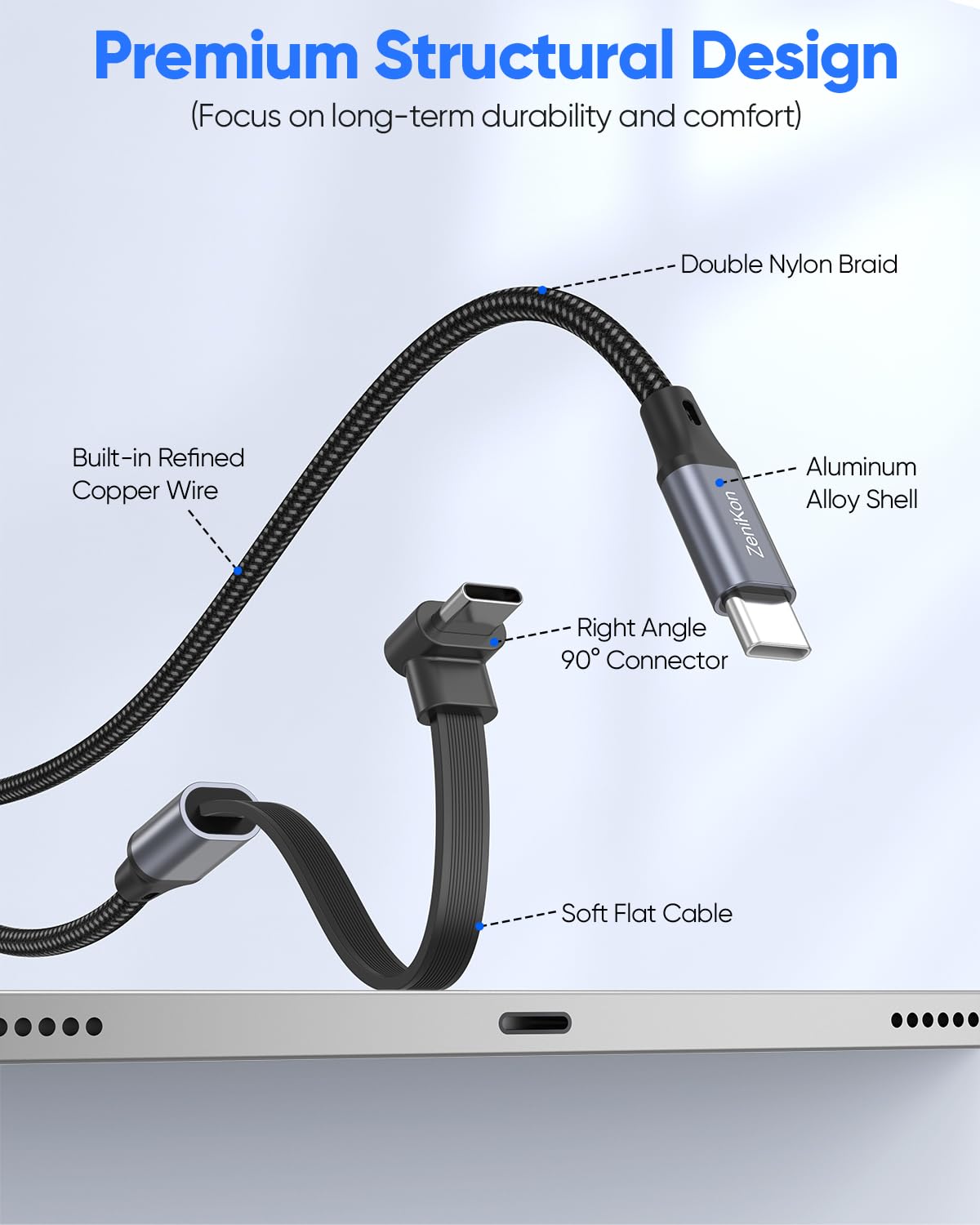 Cavo USB C a 90 gradi, 3 m, cavo USB C ad angolo retto piatto (ricarica rapida 60 W) trasferimento dati ad alta velocità intrecciato in nylon compatibile con iPhone serie 17/16/15, Galaxy