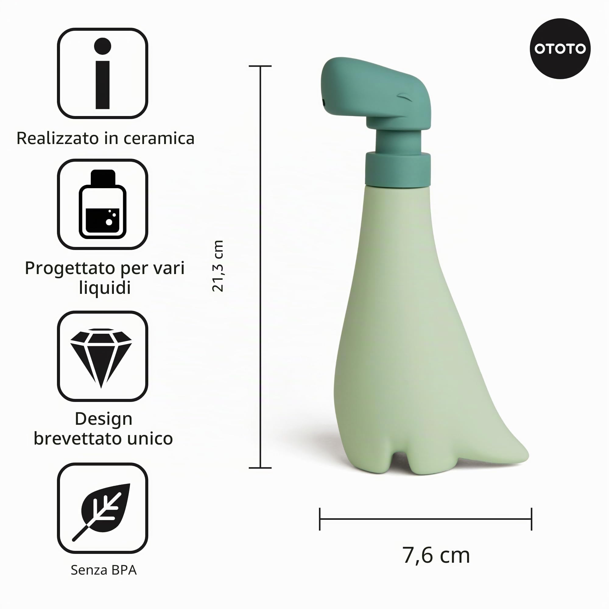 OTOTO Soapasaurous Dino - Dispenser di sapone per le mani, grazioso accessorio da bagno, dispenser di sapone liquido, dinosauro, accessori da cucina carini, regali per bambini