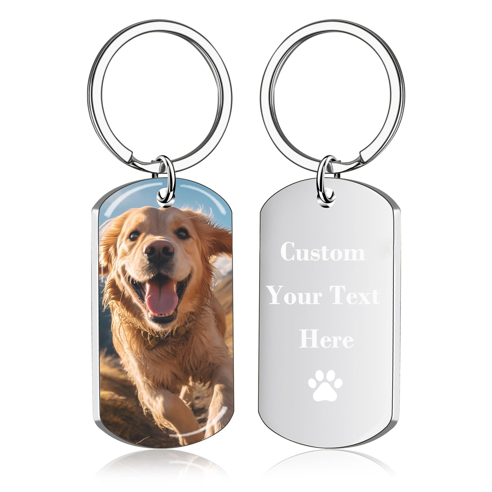 BEXOA Personalised Keyring, Custom Photo Engraved Text Key Ring Customised Keychain Anniversary Memorial Gifts for Him Men Boyfriend Dad Family (UV drip glue - Silver)