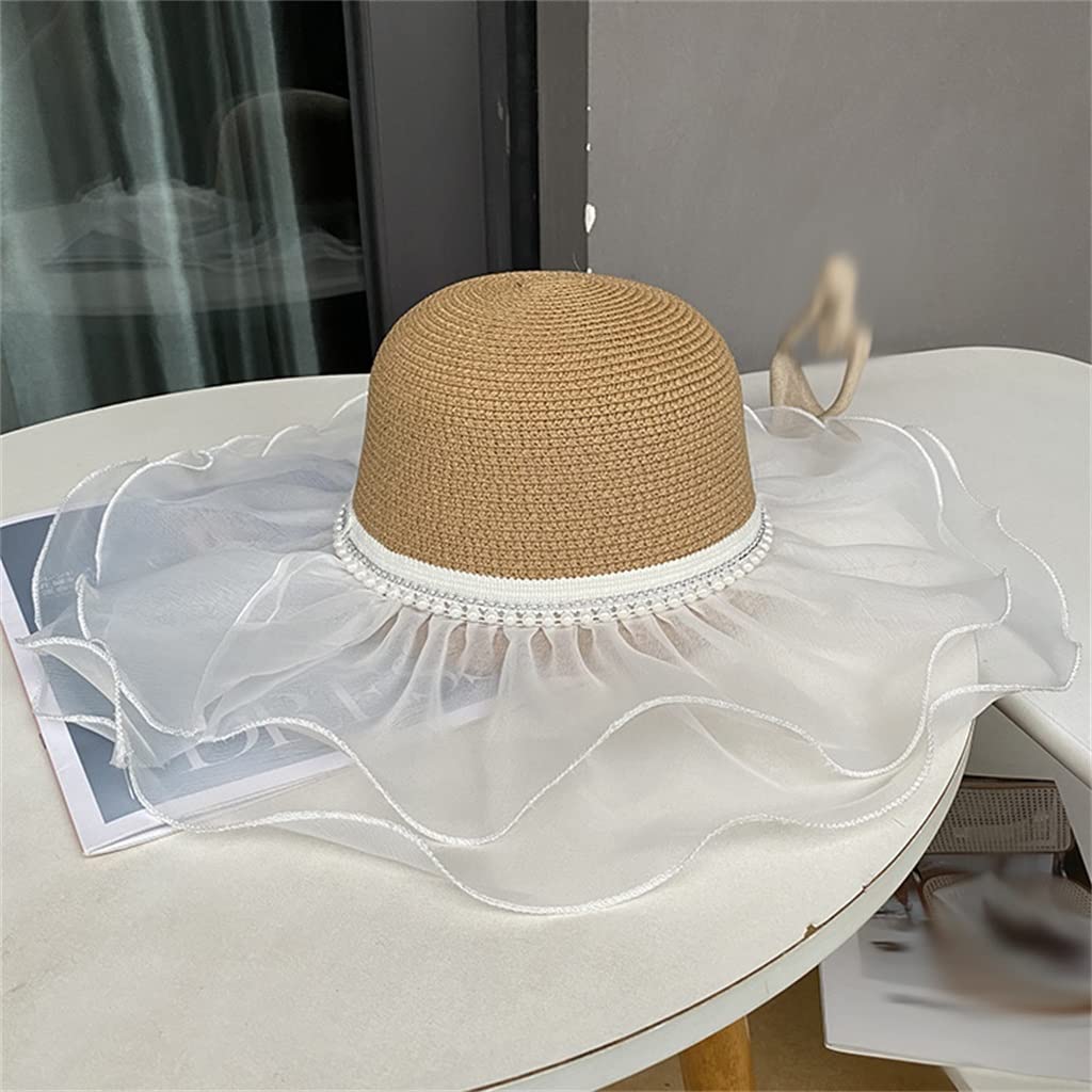 Sombrero de Playa de ala Grande para Mujer, Sombrero de sombrilla para Exteriores de Verano, Sombrero de Encaje para el Sol