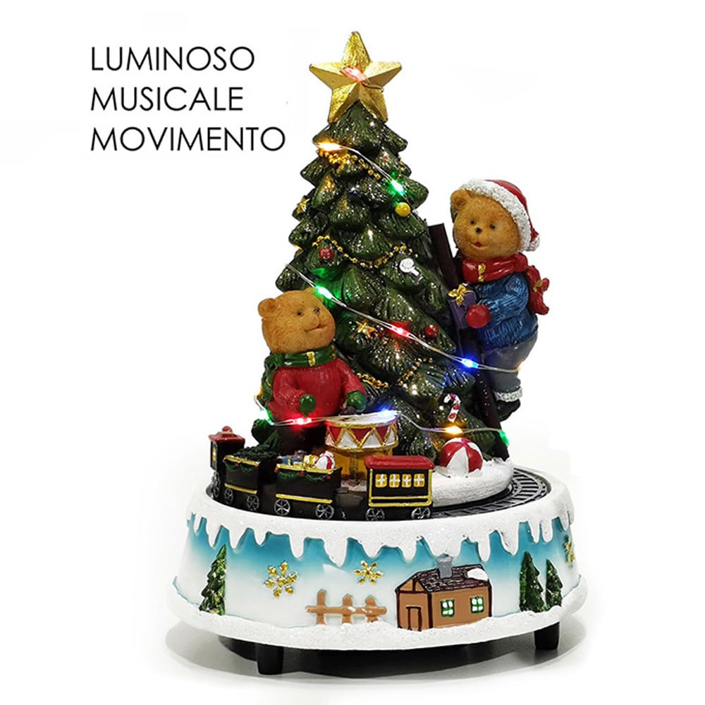 Giostra Carillon Natalizia con Luci Suoni Trenino in Movimento Villaggio Albero con Stella Oro Orsetti H.21,5 cm Decorazione Natale in Scatola Regalo