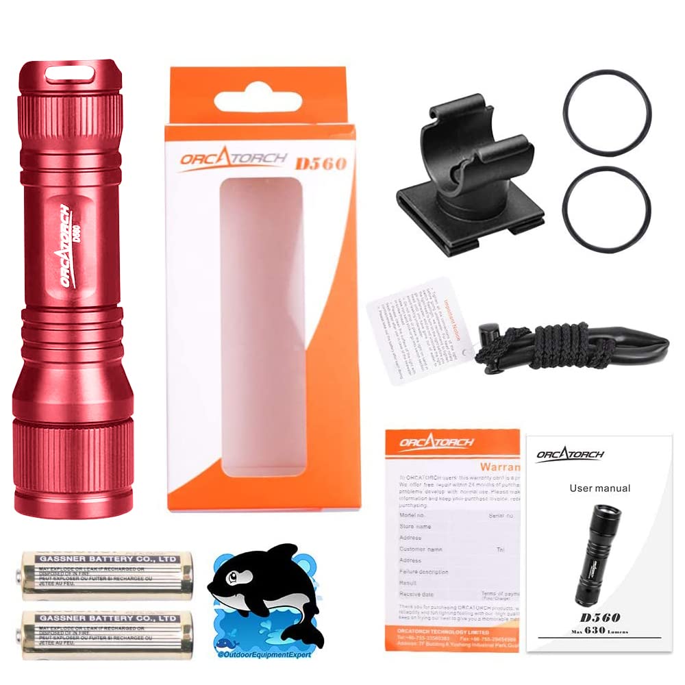ORCATORCH D560 Mini Scuba Dive Light Headlamp 650 Lumen Mask Diving Flashlight with 360° Rotatable Mask Clip, Underwater 150m Backup Headlight with Rotary Switch (Not Included Snorkel Mask) (Red)