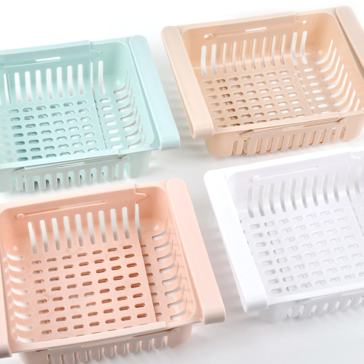 BUYGOO Cassetti Frigo per Frigoriferi 4PZ Contenitori Frigorifero Salvaspazio Set Organizer Estensibile per Frigorifero Ripiano Regolabile Cassetto Frigorifero Estraibile Cestini per Frigorifero