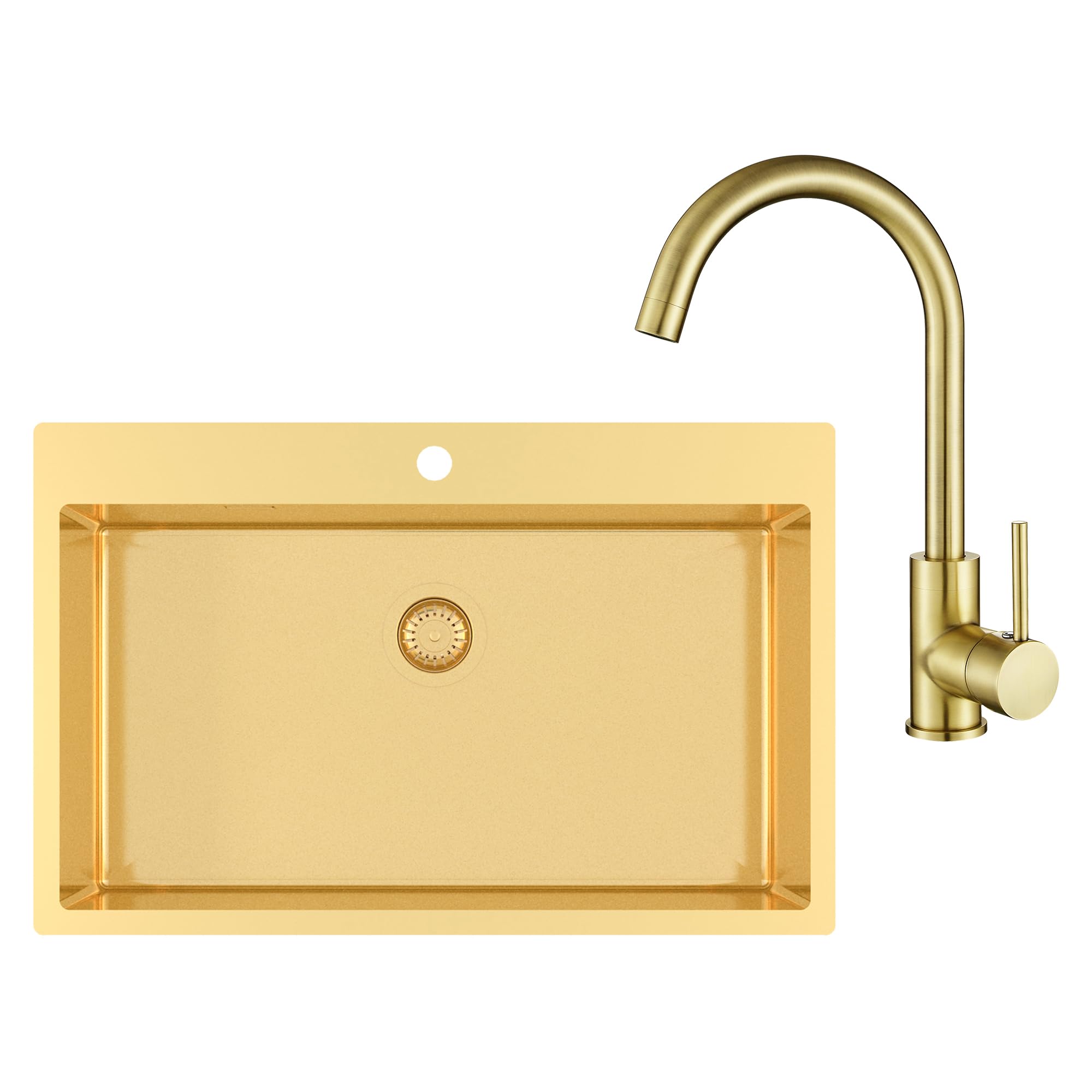 Gurari Edelstahlspüle TERRA100M + Küchenarmatur 5523, Einbau Spüle 790 x 505 mm, Gold, Rechteckiger