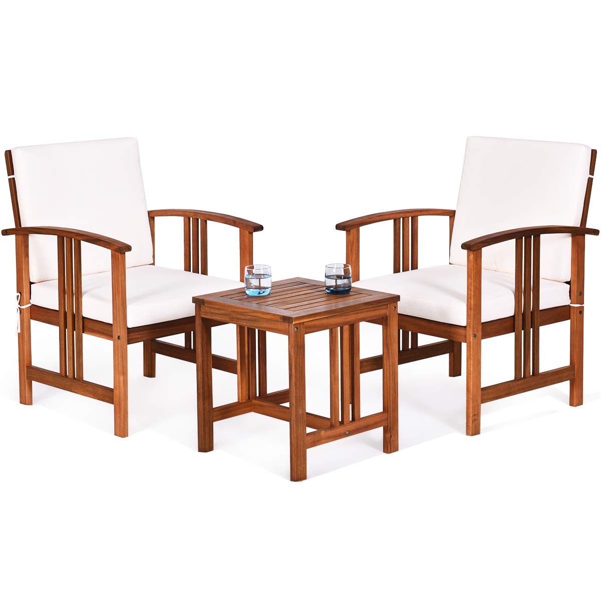 RELAX4LIFE 3 Pieces Outdoor Bistro Set, Acacia Wood Garden Conversation Furniture Set with Slatted Tabletop & Cushions, Patio Conservatory Table and Chairs for Backyard Poolside Porch (White+Teak)