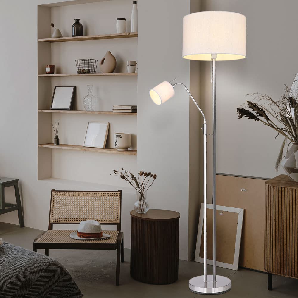 Stehleuchte Wohnzimmer Deckenfluter mit Leselampe Stehlampe Stoffschirm Zugschalter, Fernbedienung dimmbar Memory Funktion, 2x RGB LED warmweiß, DxH 40 x 175 cm