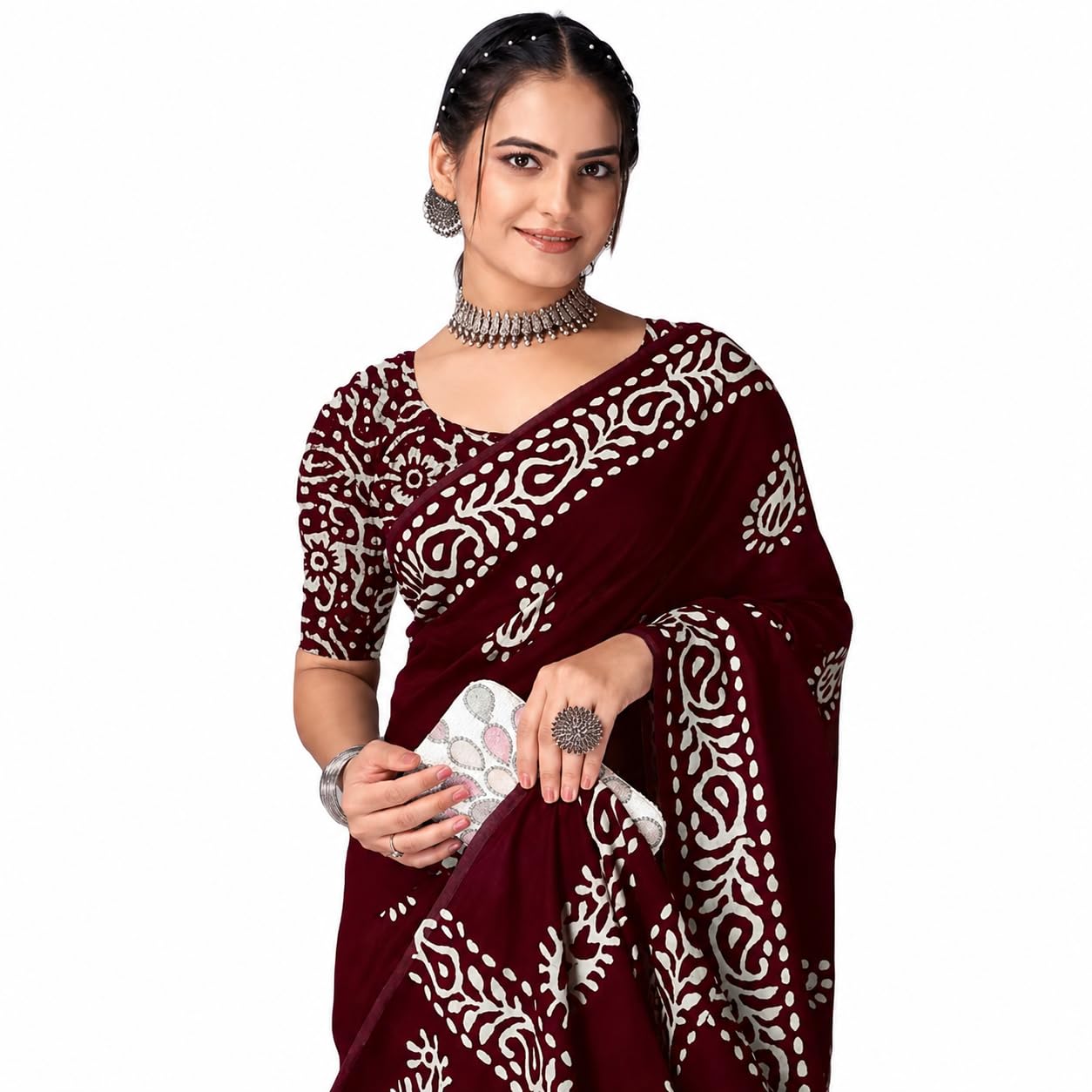 Women's Pure Cotton Batik Print Saree with Blouse Piece | Handcrafted Look Soft Cotton Saree | Elegant Ethnic Wear Ideal for Office, Casual and Specail Occasions-picture-12