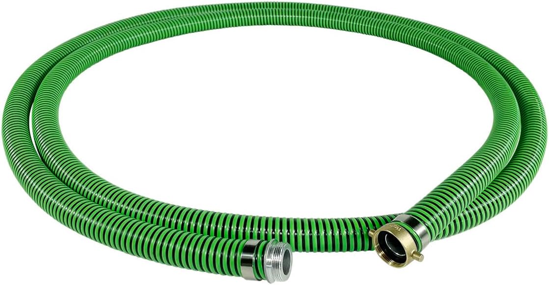 Gloxco Heavy Duty EPDM All Weather Suction Hose Assembly, Black Tube, Lime Green Helix, 1-1/2" Inside Diameter Hose with Male x Female NPSM Pinlug Fittings Installed, 20 ft Length