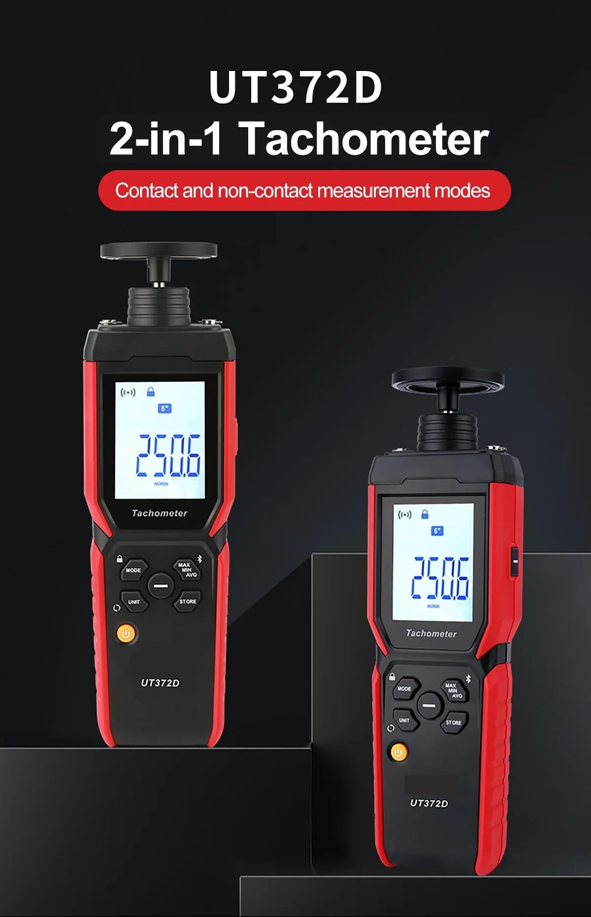 Digitaler Drehzahlmesser, UT372D Geschwindigkeits-Drehzahlmesser 2-in-1-Laser-Drehzahlmesser Kontakt Und Berührungslos Tacometro Digitaler Drehzahlmesser Spin 1 Bis 19999 U/min,LCD-Display
