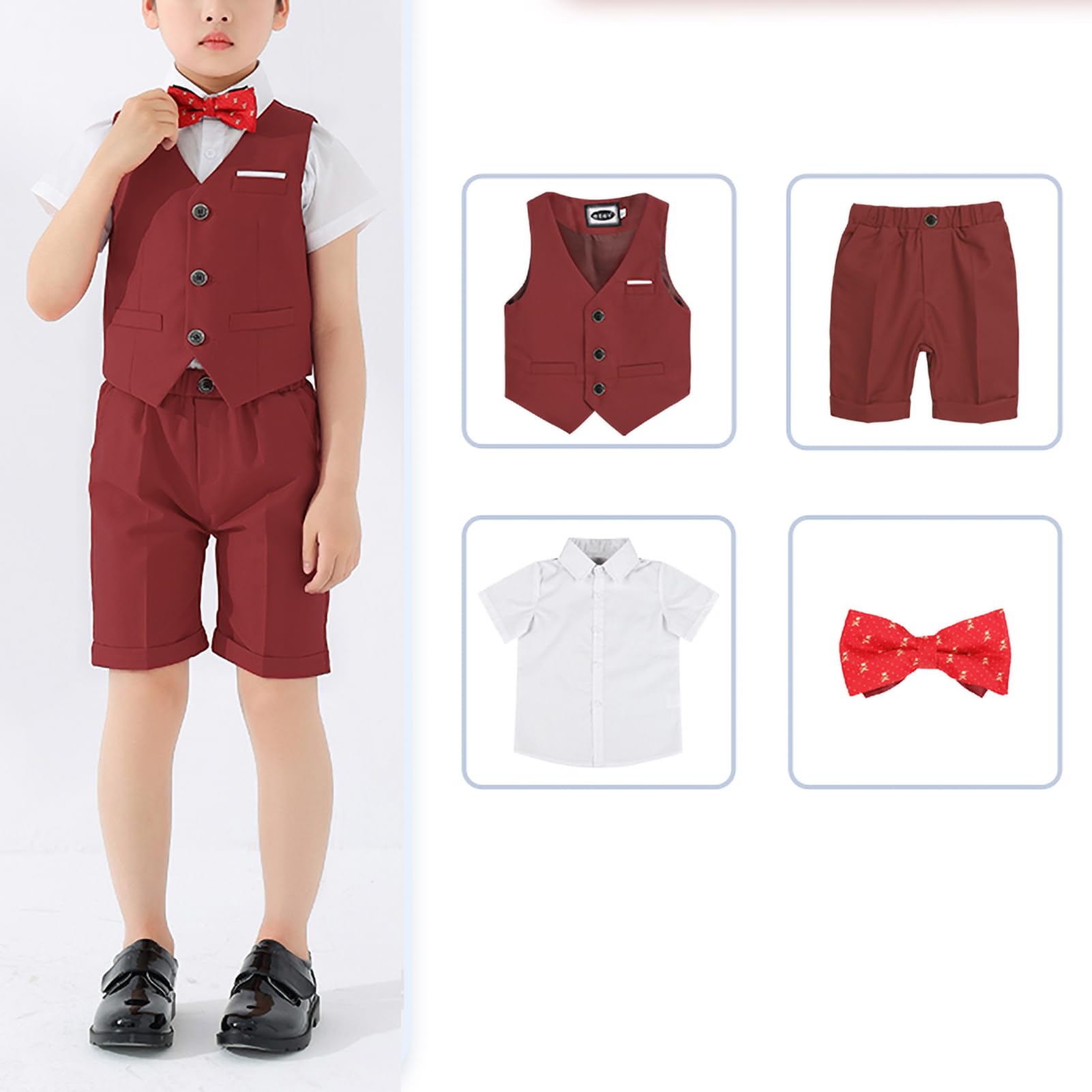 3/4-teiliges Kinder Junge Sommer Hochzeit Kinderanzug, Festliche Anzüge Outfit,Anzüge Weste, Kurzarm Hemd, Kurze Hose, Fliege