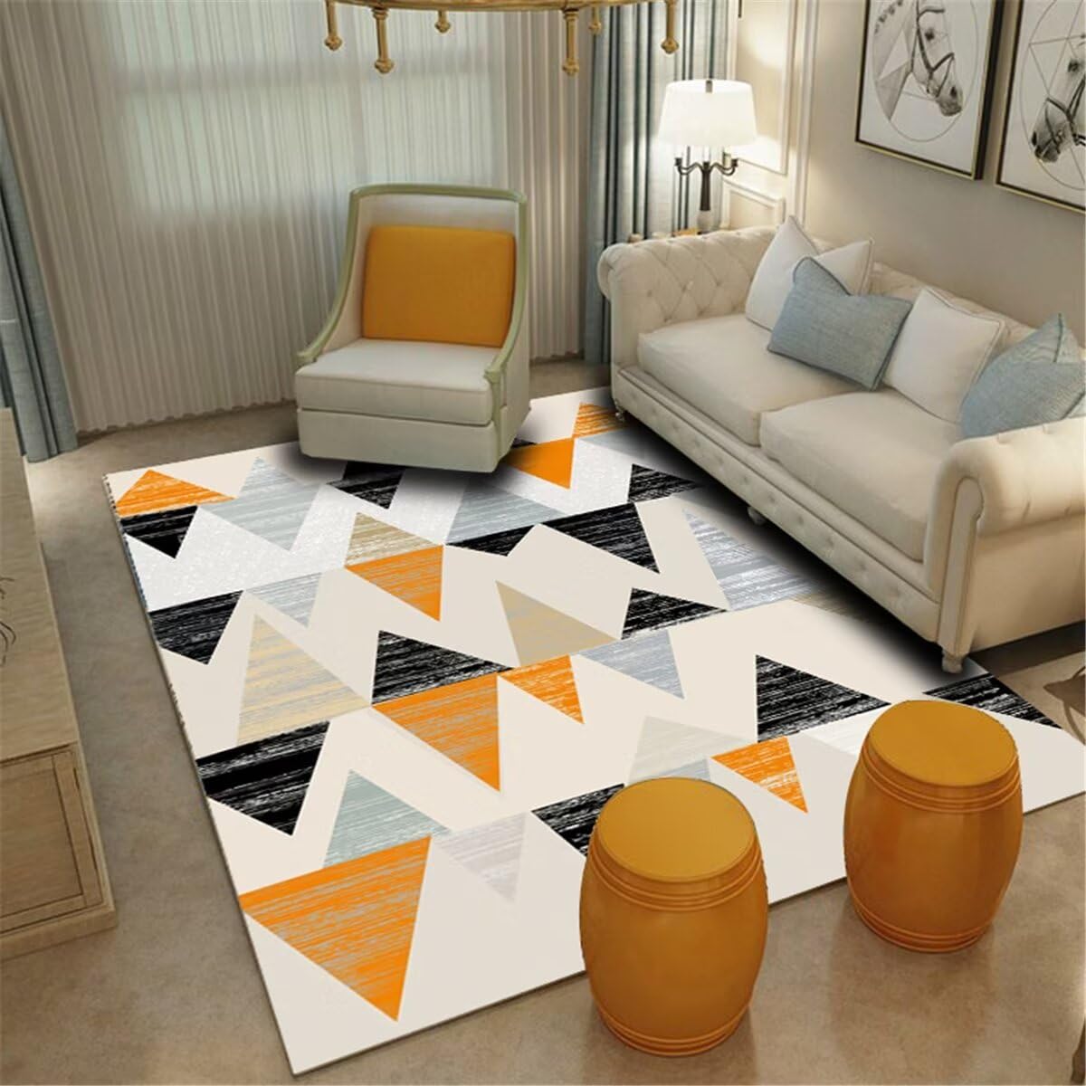Tapis de chambre géométrique lavable et grand format gris-jaune