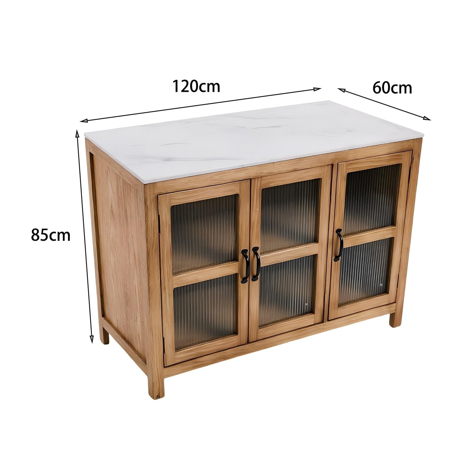 Carro de Cocina Isla de Cocina de Madera con Puertas de Vidrio Estriado Aparador Buffet con Tapa de Piedra sinterizada