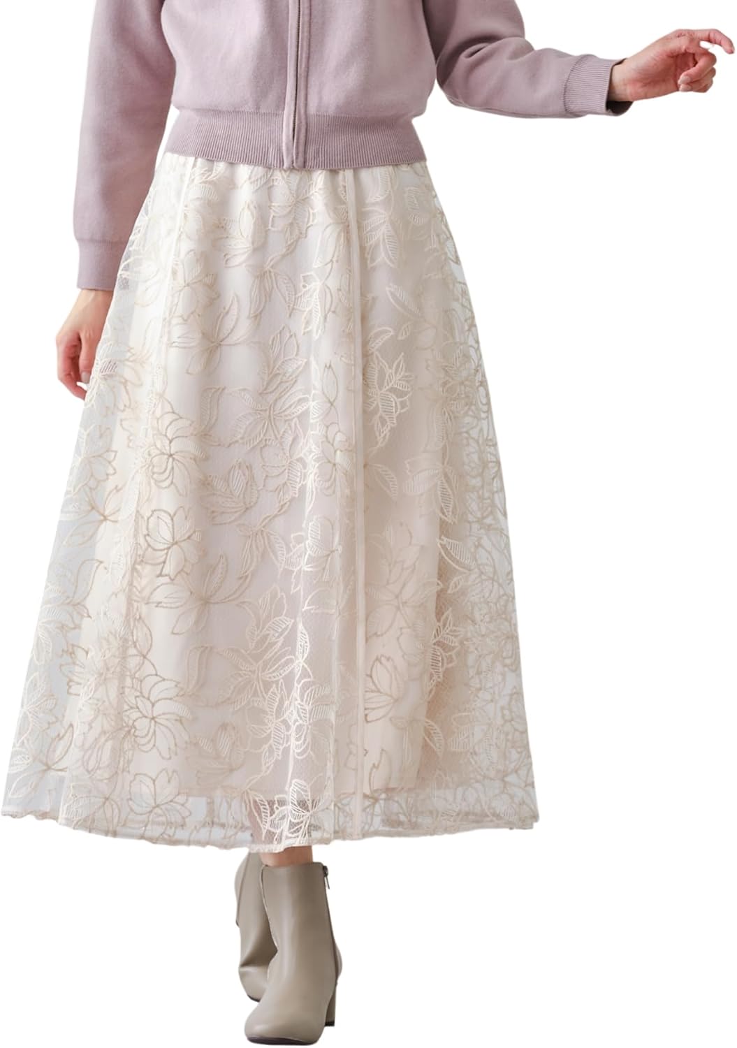 エブール チェック オーガンジー タック フレア スカート ベージュ