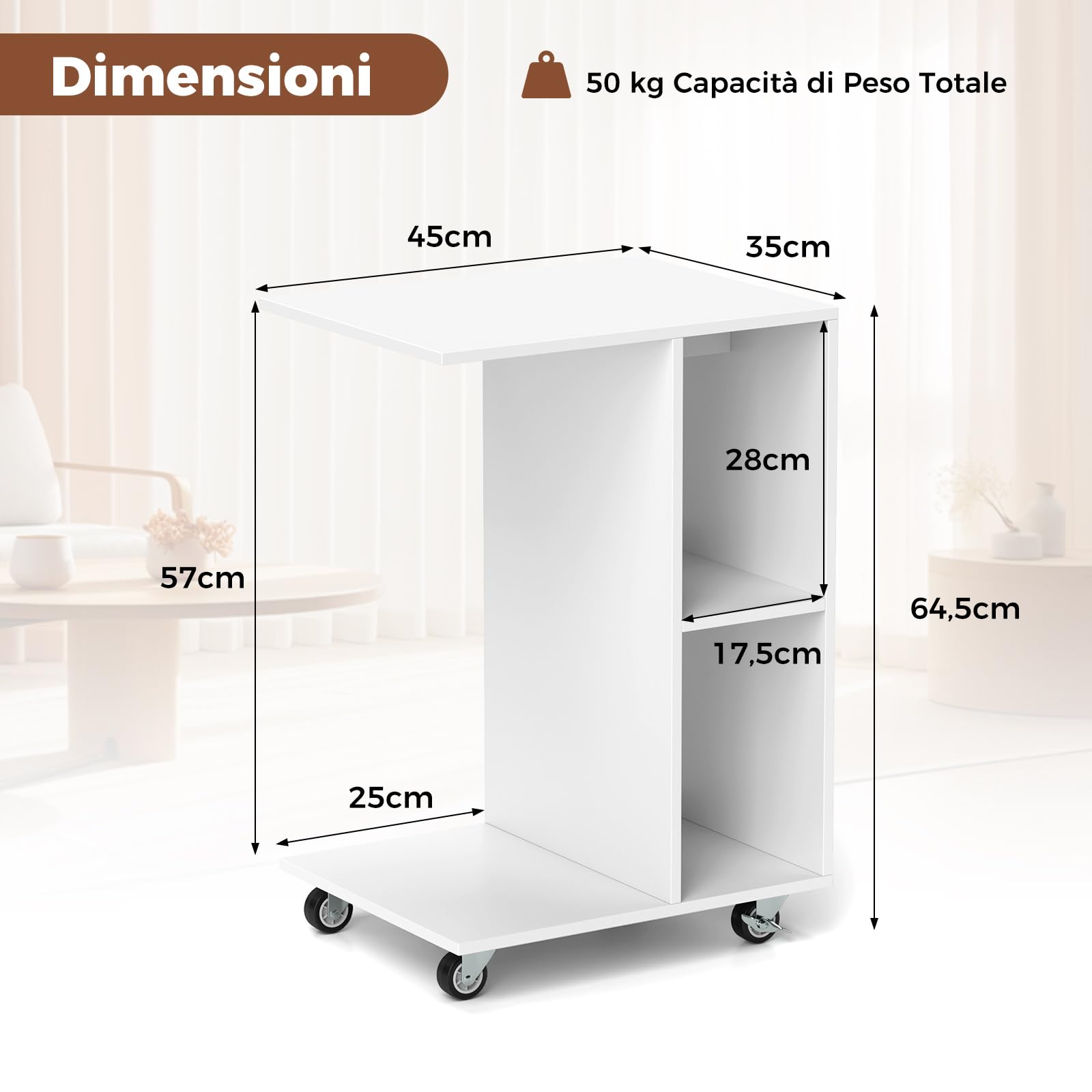 COSTWAY Tavolino a Forma di C con Ruote, Tavolino Laterale da Divano Salvaspazio con 2 Cubi di Stocaggio, Ideale per Camera da Letto, Soggiorno e Salotto, 45 x 35 x 64,5 cm, Bianco