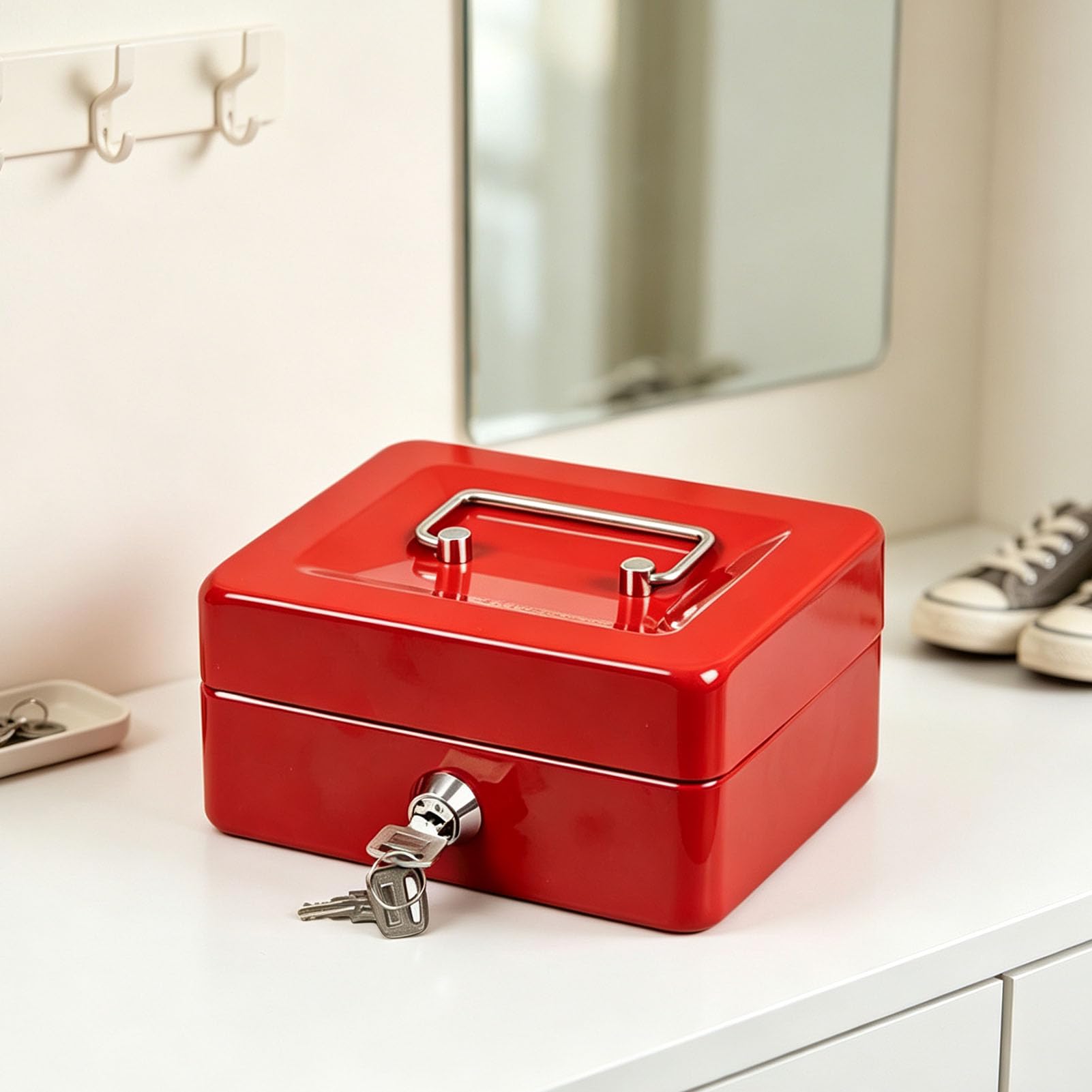 Iron Cash Box with Key, Removable Tray for Storage (12 cali) | Wzmocnione żelazo zapewnia trwałość, Mieści dokumenty w formacie A4, Bezpieczny mechanizm zamykający na klucz, Zintegrowany