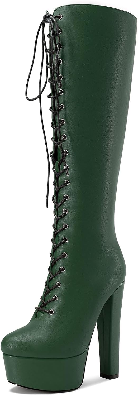 Castamere Womens High Heel Platform Lace Up Boots Chunky Heel Mid-Calf Boot with Zipper Round Toe 6 Inch Heels