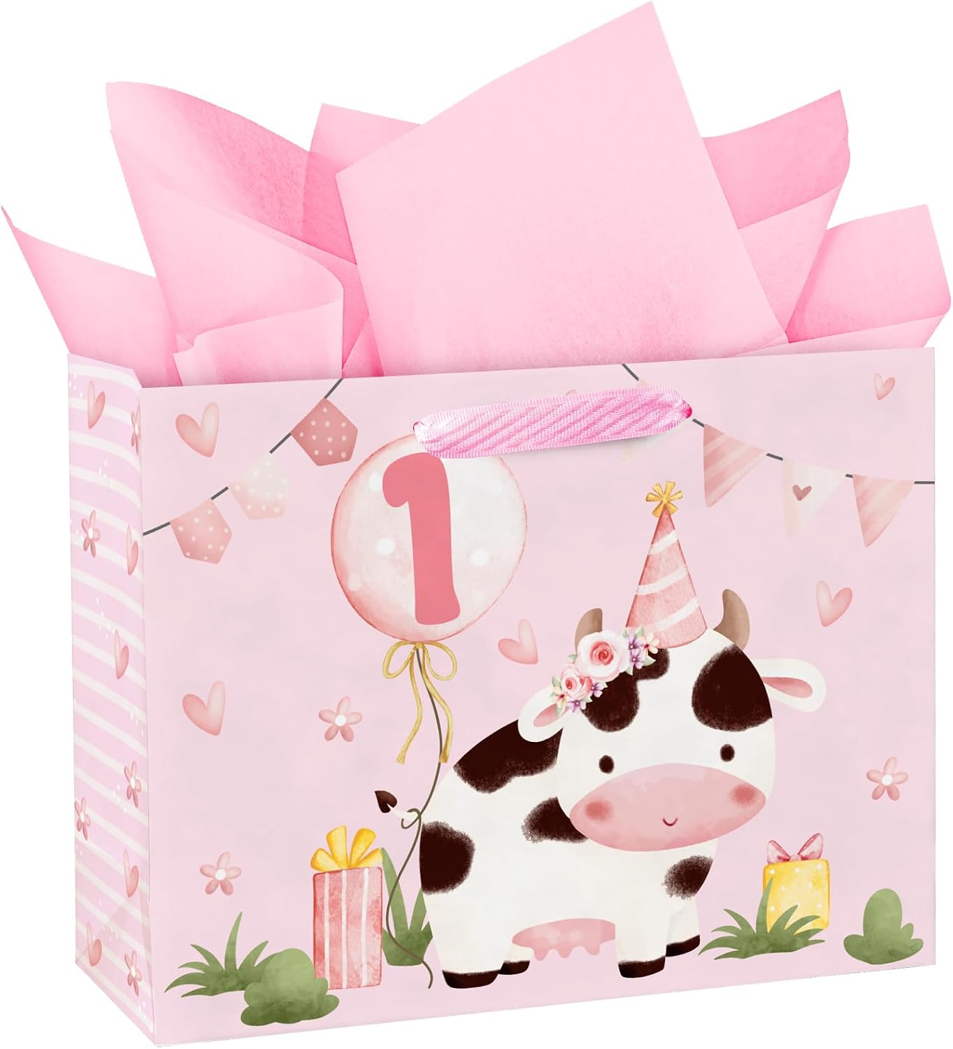 WRAPAHOLIC 13" Large Cow 1st Birthday Gift Bag with Tissue Paper - Farm Pink Cow Paper Bags for One Year Old Birthday Baby Girl Shower