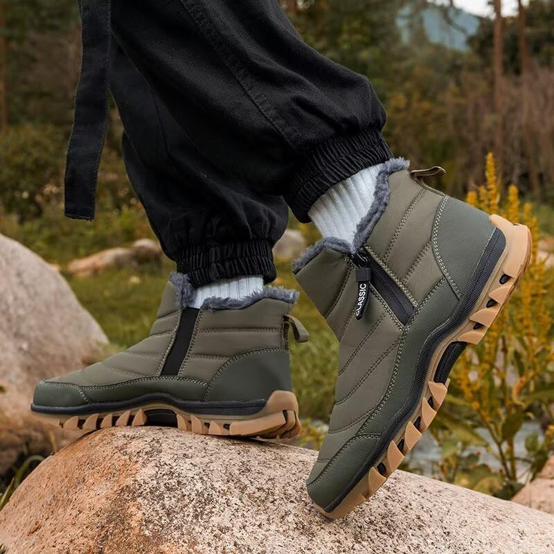 Jakcuz Mens Snow Boots Waterproof Fur Lined Warm Winter Boots Men Zipper Snow Ankle Shoes Outdoor Anti-Slip Lightweight Hiking Boot