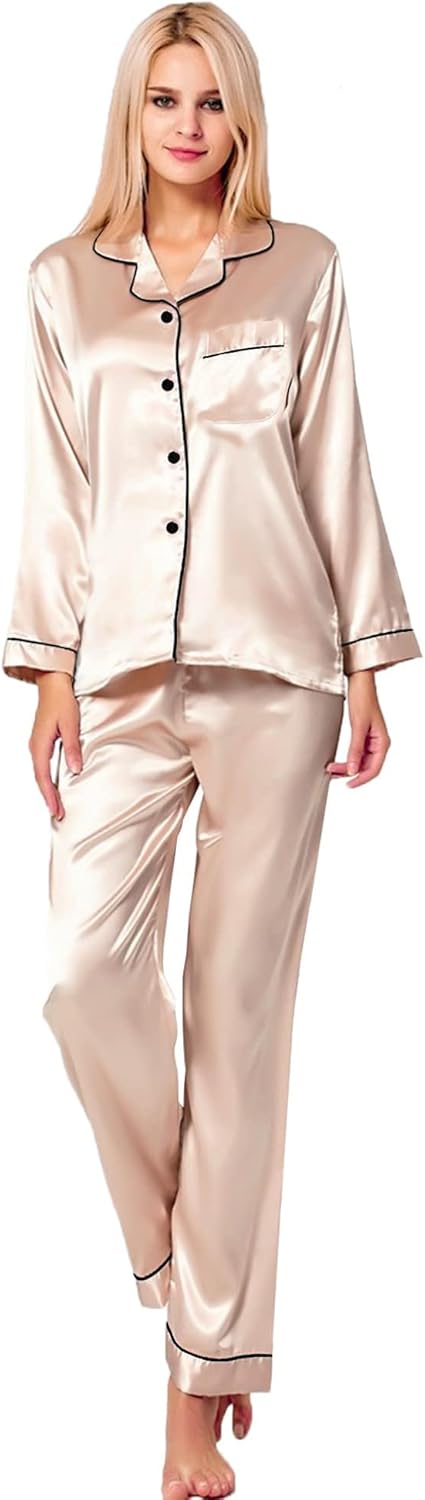 SWOMOG Womens Silk Satin Pajamas Set Long Sleeve Button Down Sleepwear 2 Piece Lounge Set Pj Set XS-3XL - Image 3