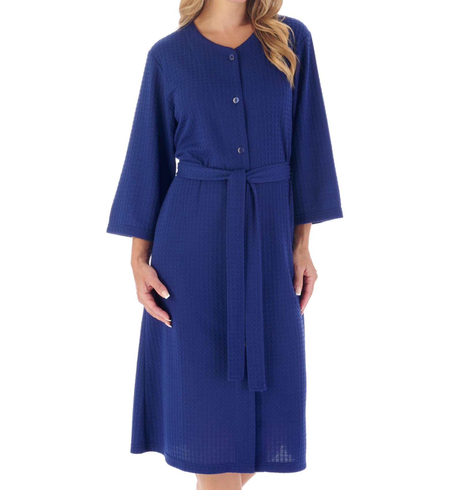 Slenderella Ladies Lightweight Waffle Button Up Robe Hotel Spa Dressing Gown Medium (Navy)