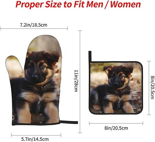 Miniatura 2 de Juego de guantes de horno y soportes para ollas con estampado de pastor alemán, resistentes al calor, antideslizantes, guantes de cocina, 4 piezas