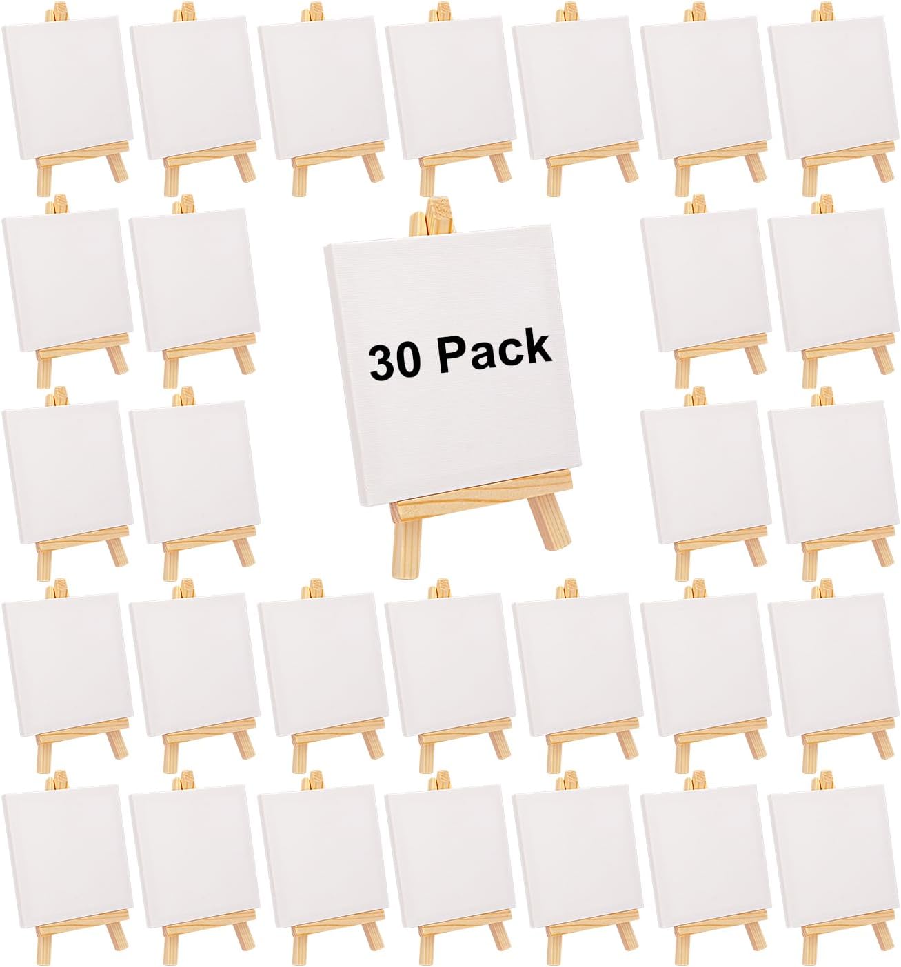 Mini Canvases with Easel Sets for Painting, Set of 30 Tabletop Mini Canvas and Wood Display Easel for Craft Projects, Weddings, Parties, Painting Class, Artwork, (4 x 4in) by GNIEMCKIN