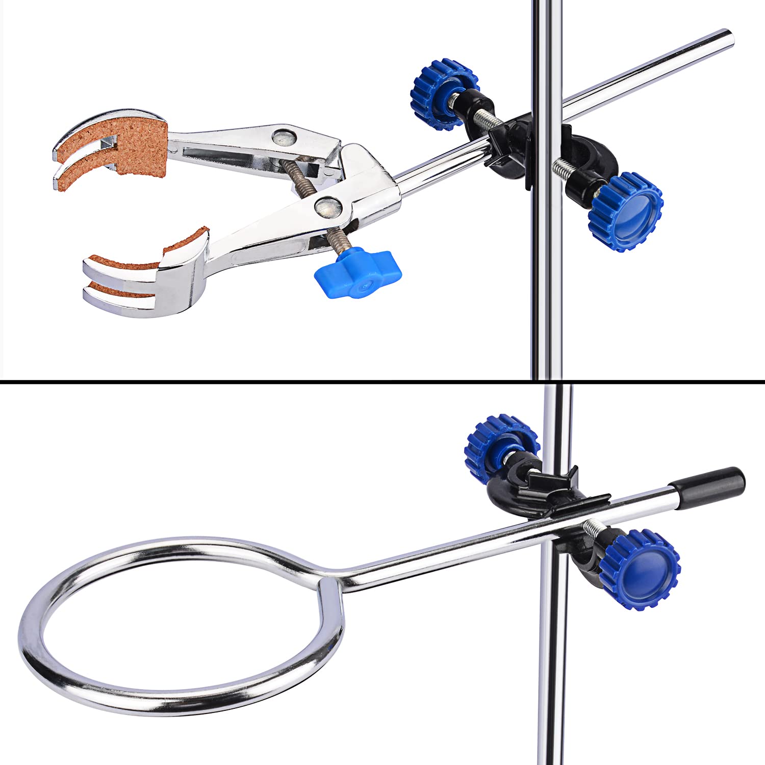 FunChem Set di supporto da laboratorio, supporto in acciaio inox con asta (56,9 cm di lunghezza), morsetto girevole regolabile a 4 rebbi, anello di storta e 2 teste di testa