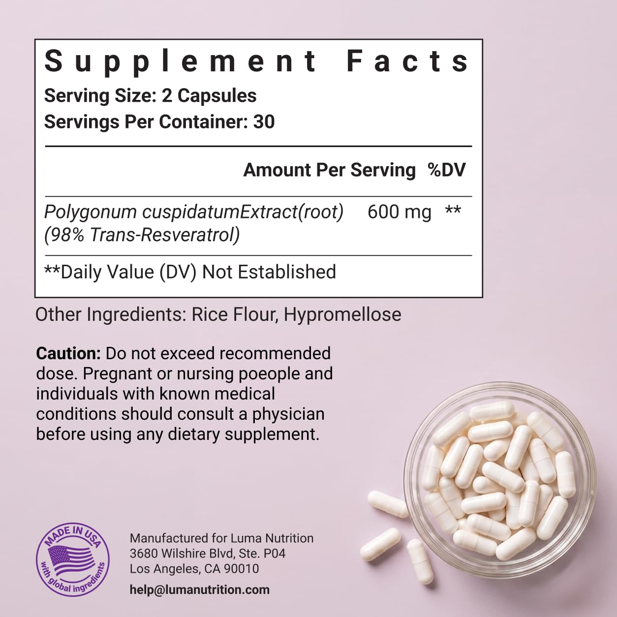 Luma Nutrition Pure Resveratrol Supplement - Antioxidant - 60 Capsules — Amazon image 6