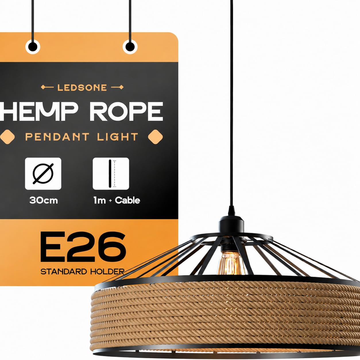 LEDSone Industrial Hemp Rope Pendant Light - Vintage Metal Cage E27 Ceiling Lamp - Adjustable Dining Table Kitchen Bedroom Lighting - Matt Black 30cm