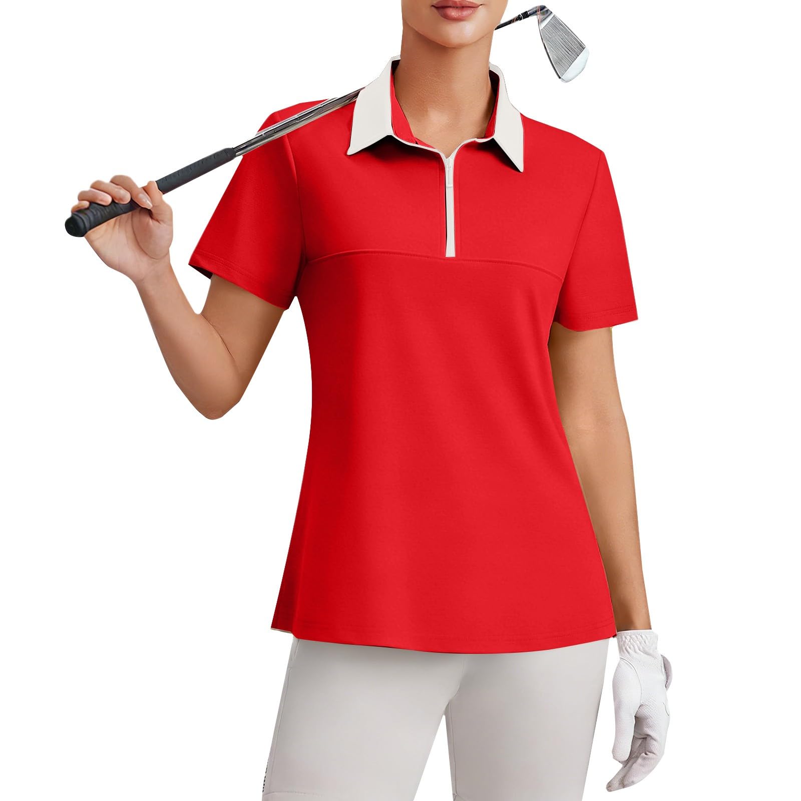 Polo da donna a maniche corte con colletto a V, vestibilità ampia, silhouette comoda, camicetta elegante da golf, per abbigliamento estivo casual e d'affari