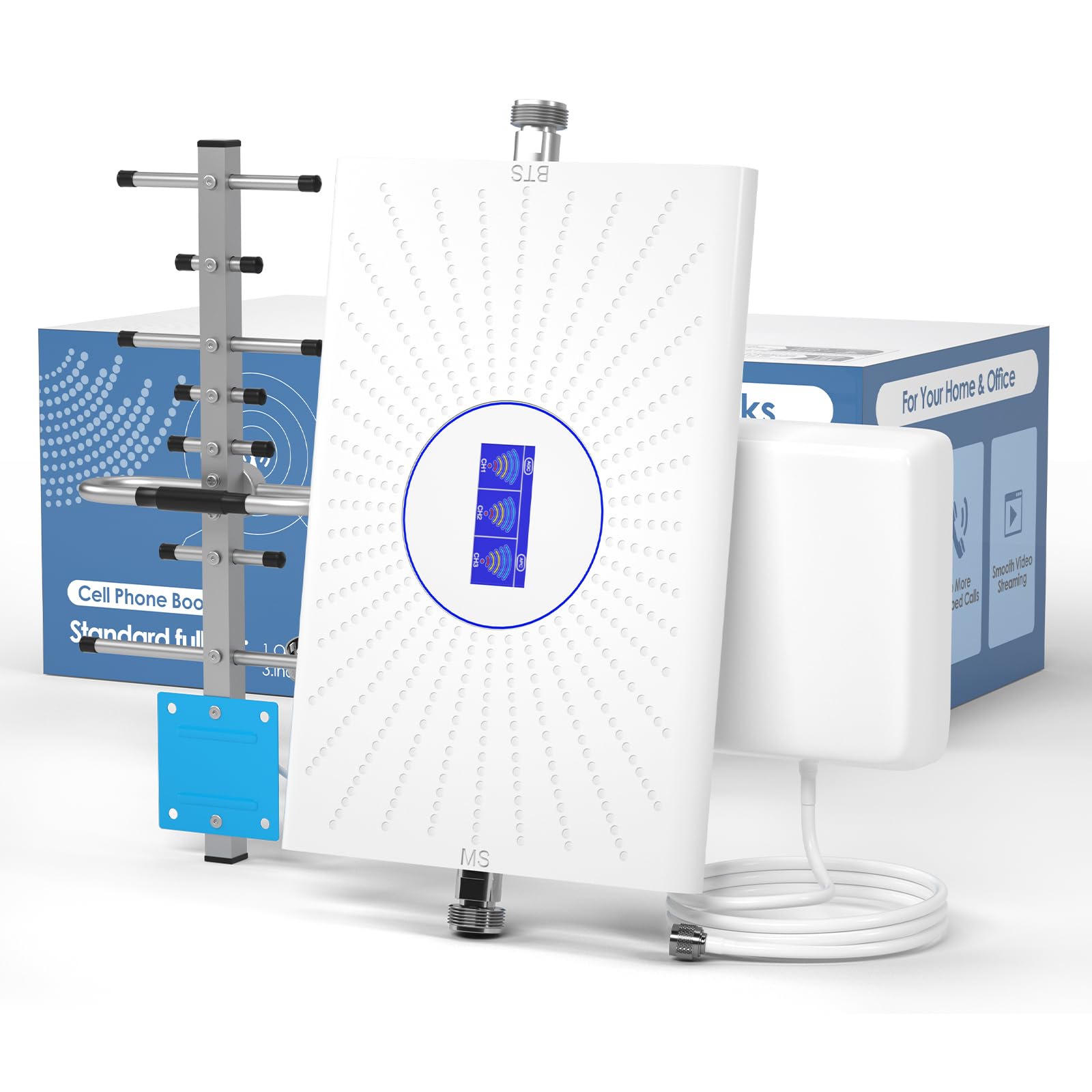 Handy Signalverstärker für Haus Mobilfunkverstärker 900/1800/2100MHz GSM LTE Repeater für Telekom Vodafone O2 70dB DREI-Band-Verstärker mit Yagi Außenantenne LCD-Anzeige für Home Office