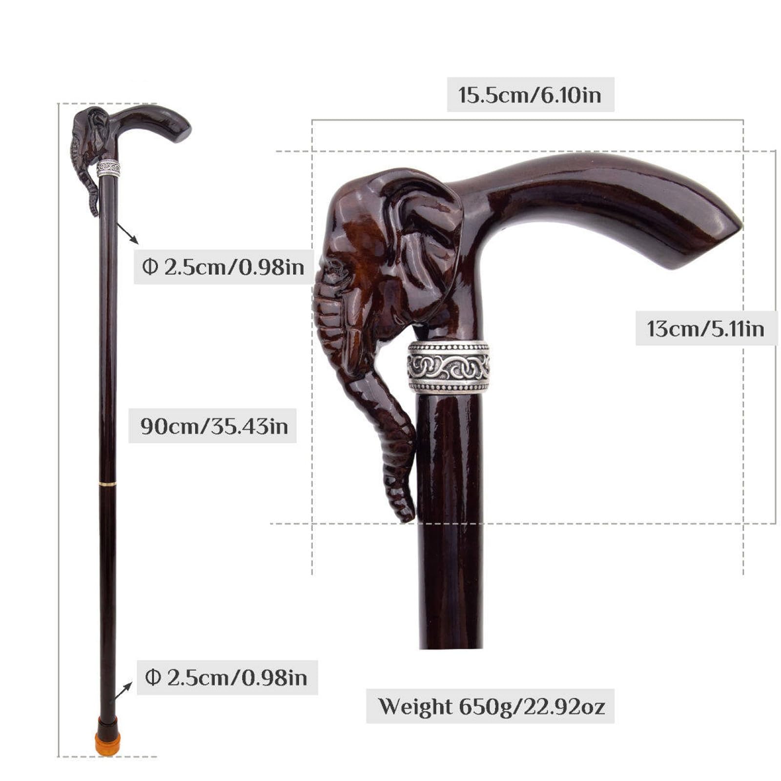 Bastón de Madera con Elefante para El Festival de Los Dos, con Correa y 4 Puntas Antideslizantes Extraíbles, Bastón de Lujo para Hombre y Mujer 90 Cm
