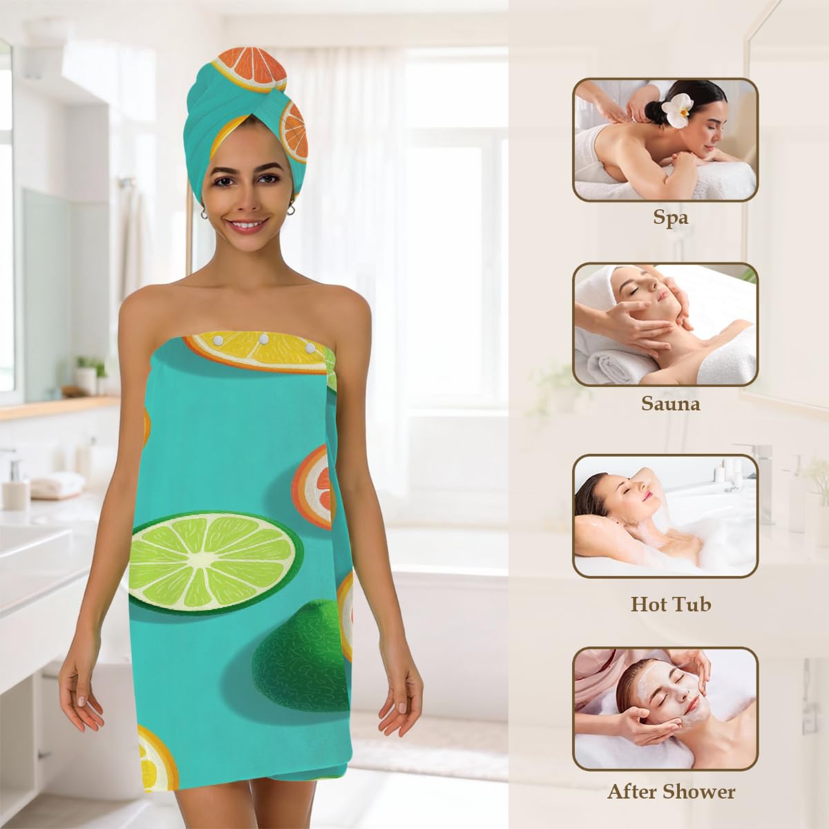 2 Sets Mikrofaser-Duschtuch mit Haarhandtuch, Zitrusscheiben, Grapefruit, weiche Körperwickel, Kleid mit Haartrocknungskappe für Strand, Pool, Spa