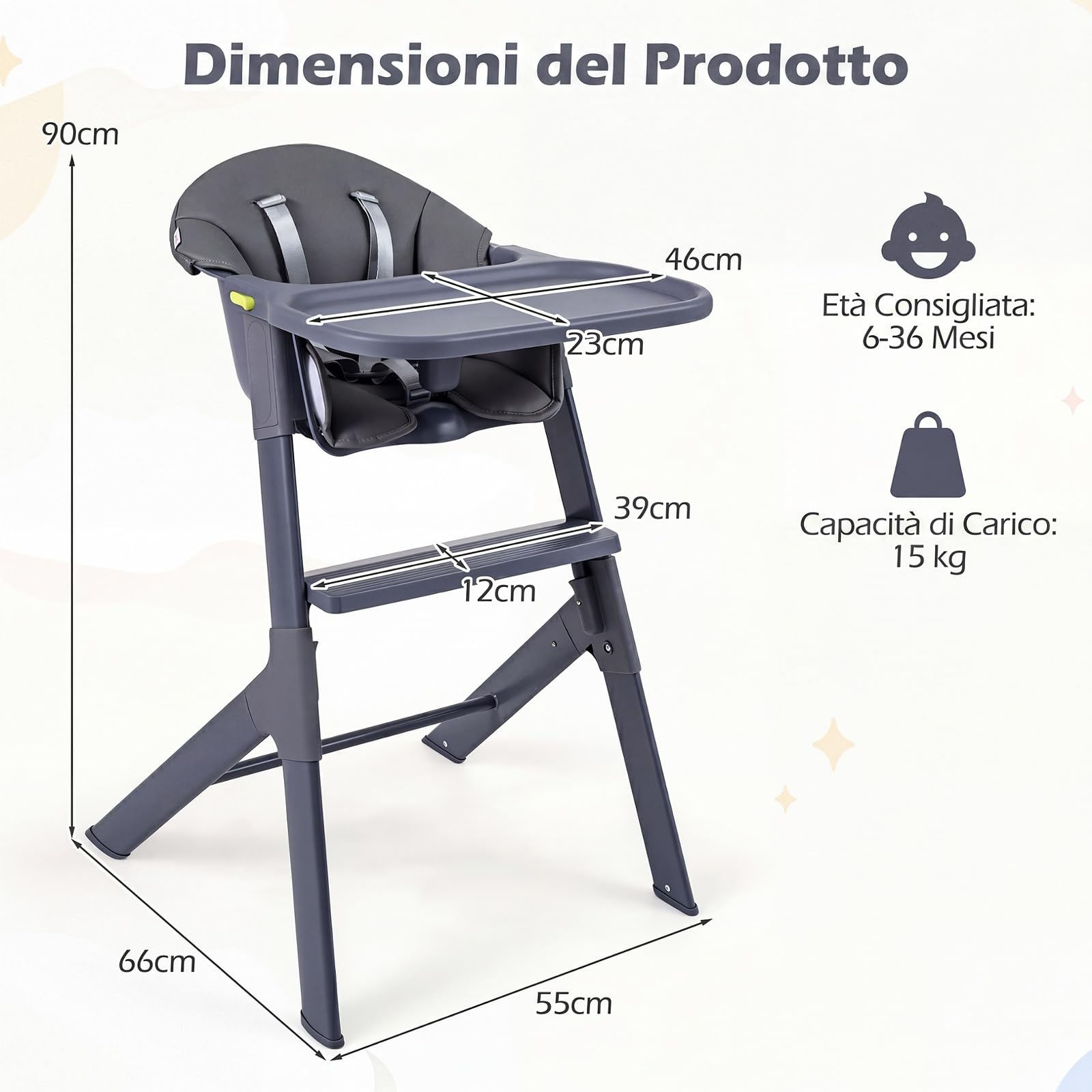 COSTWAY Seggiolone Pappa Evolutivo per Bambini 6-36 Mesi, Lavabile | Sedia Portatile con Vassoio Regolabile, Cuscino Imbottito e Cintura di Sicurezza, Telaio in Metallo, Portata 15 kg