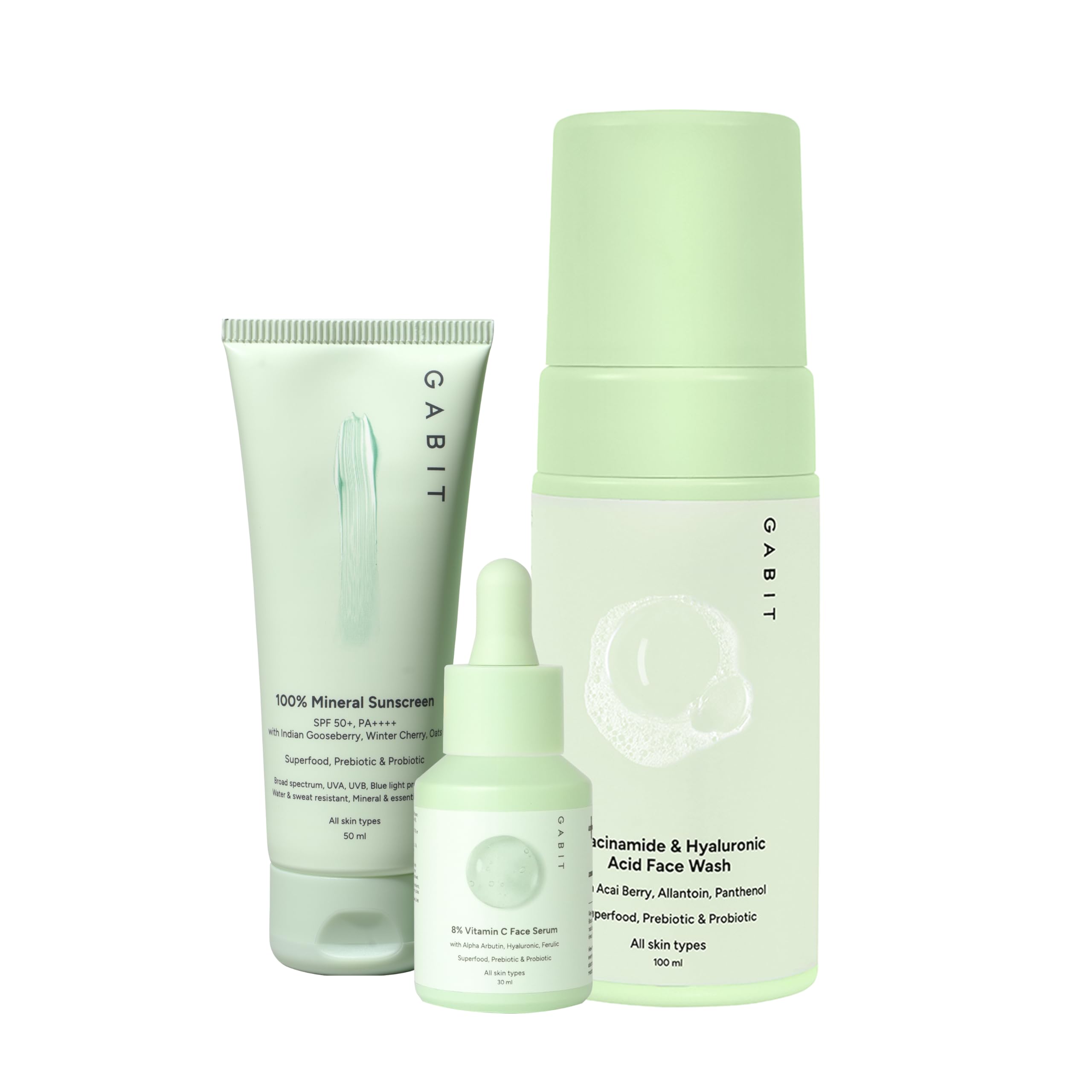 Skincare Kickstart Kit | Complete Skincare Routine Kit for Women & Men with Niacinamide & Hyaluronic Face Wash, 8% Vitamin C & Arbutin Serum, 100% Mineral Sunscreen | Daily Skin Combo For Nourished & Glowing Skin | Suitable For All Skin Types | 180ml