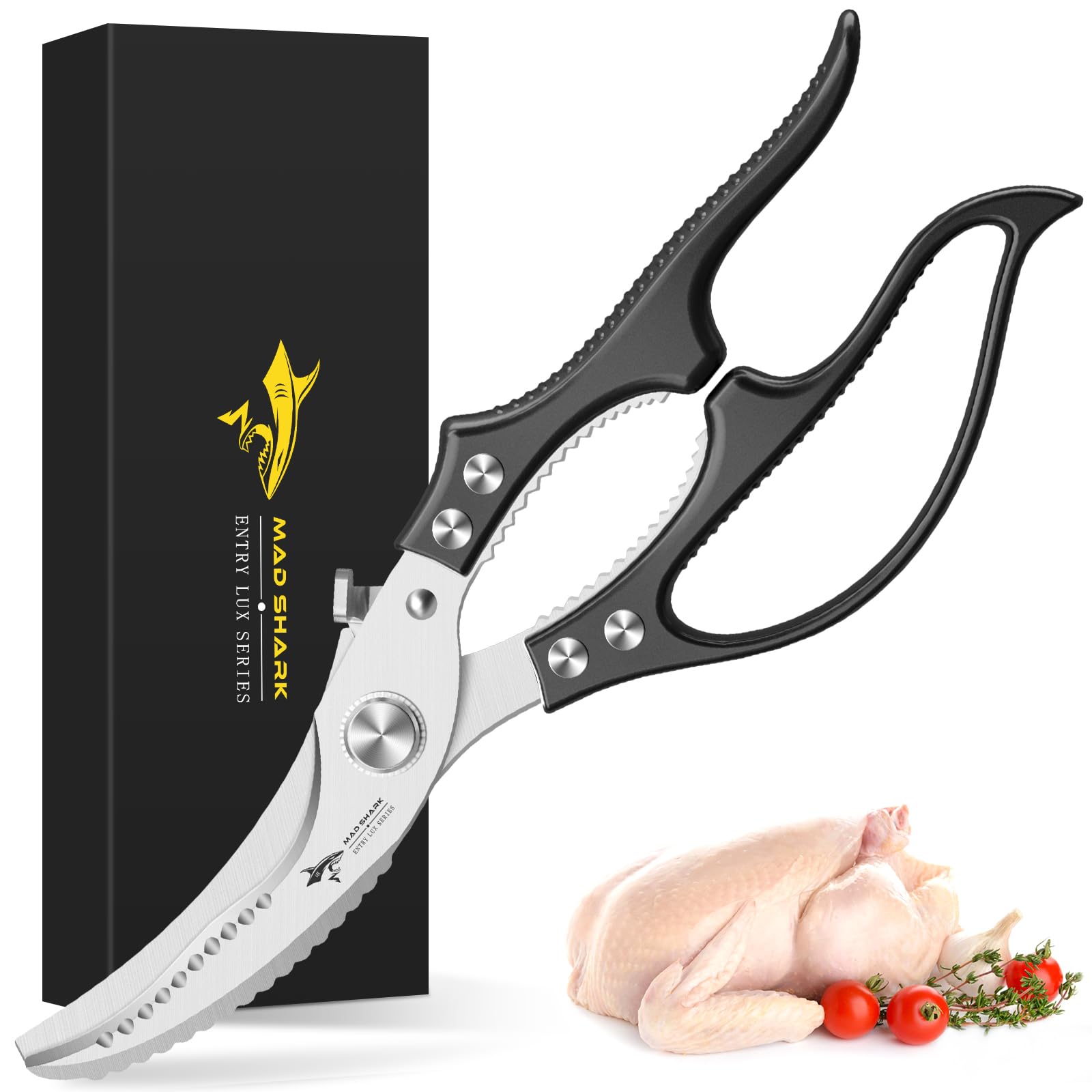 MAD SHARK Geflügelschere Profi-Küchenschere mit Rutschfestem Griff & Sicherheitsverriegelung | Federunterstützt, Spülmaschinengeeignet | Für Hühnerknochen, Fleisch, Truthahn, Fisch, Gemüse (Schwarz)