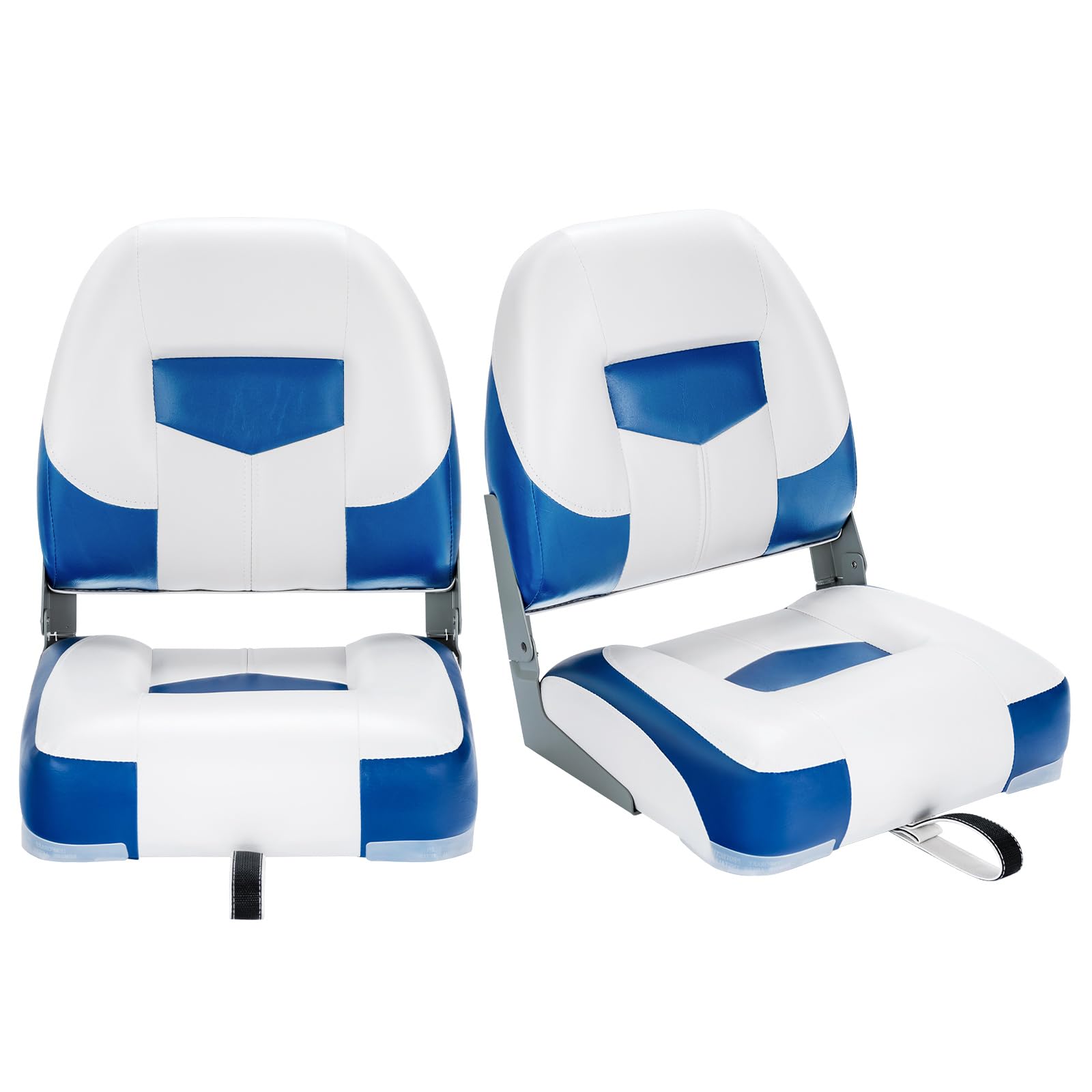 HOMASIS Juego de 2 asientos de barco plegables, Silla de barco con acolchado de esponja, Asiento yate ergonómicos con correas y tornillos de fijación, barco para pescar, pilotaje, 50x42x52cm (Azul)