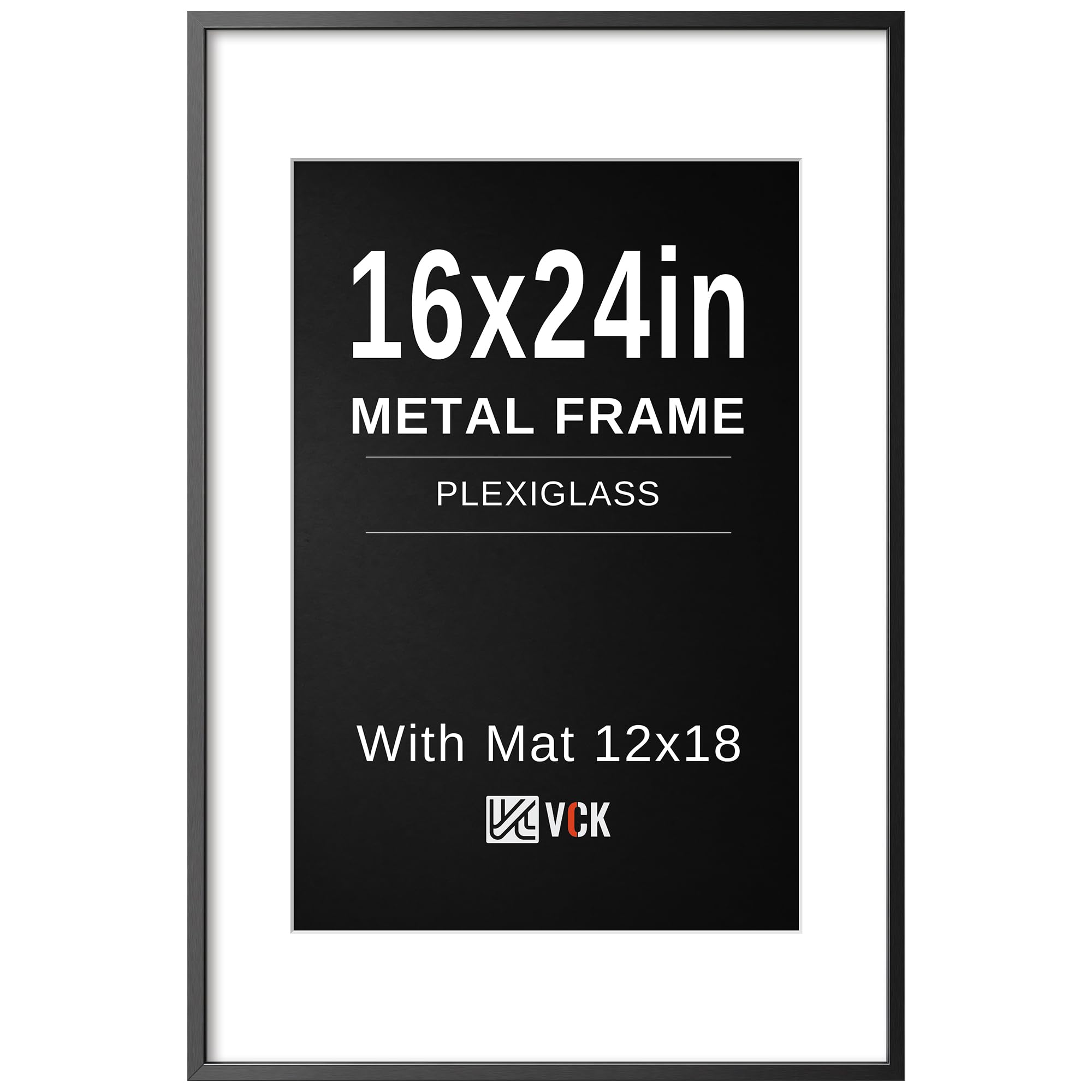 VCK 16x24 Frame, Black Metal - Matted to 12x18, for Art Print, Picture