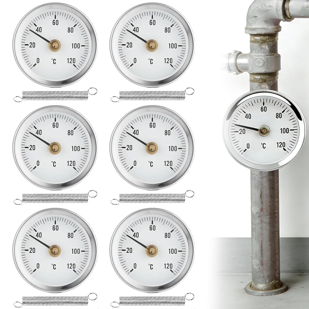 6 Stück Anlegethermometer Heizungsrohr, 0-120 °C 63 mm Rohrthermometer Heizungsrohr mit Clip-On Feder, Tragbares Rohrleitungs Thermometer, Kaminofen Rohr Thermomete für Heizanlagen und Kessel