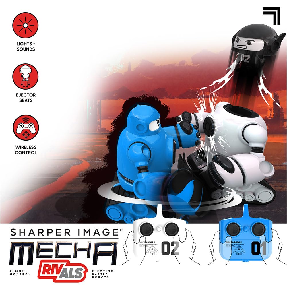 Sharper Image Zdalne sterowanie wyrzucające roboty bojowe Mecha Rivals RC Toy dla dzieci powyżej 8 lat, bezprzewodowa gra walki dla dwóch graczy ze światłami i dźwiękami, niebieski vs biały