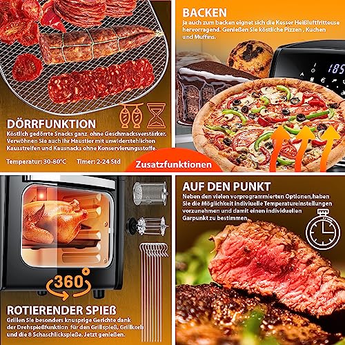 KESSER® XXL Airfryer 9in1 Heißluftfritteuse Fritteuse, | Drehgrill | Dörrautomat | Rezeptheft | Grillspieß | 1800 Watt | fettfrei grillen ohne Öl | 8 Programme | inkl. Zubehör Schwarz – Bild 6