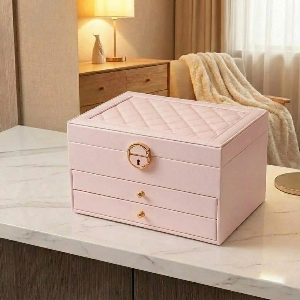 Joyero de 3 niveles, apilable, 2 cajones, caja de almacenamiento con compartimentos, con cerradura y llave, para pendientes, anillos, pulseras, collares (rosa)