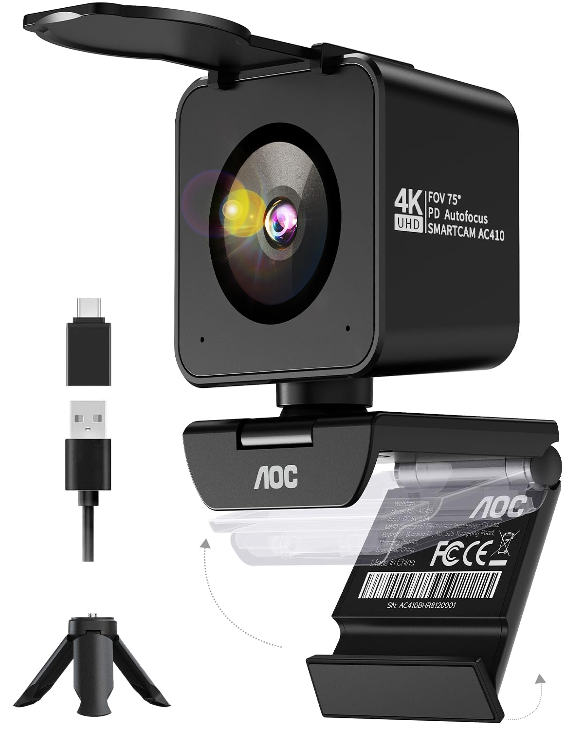 AOC UHD Webcam 4K, Webcam mit Objektivabdeckung & Dual Mikrofon, 75° Streaming Kamera mit Autofokus, Automatische Lichtkorrektur, Plug & Play, PC Kamera für Konferenzen, FaceTime, Linux, Win10, Mac OS