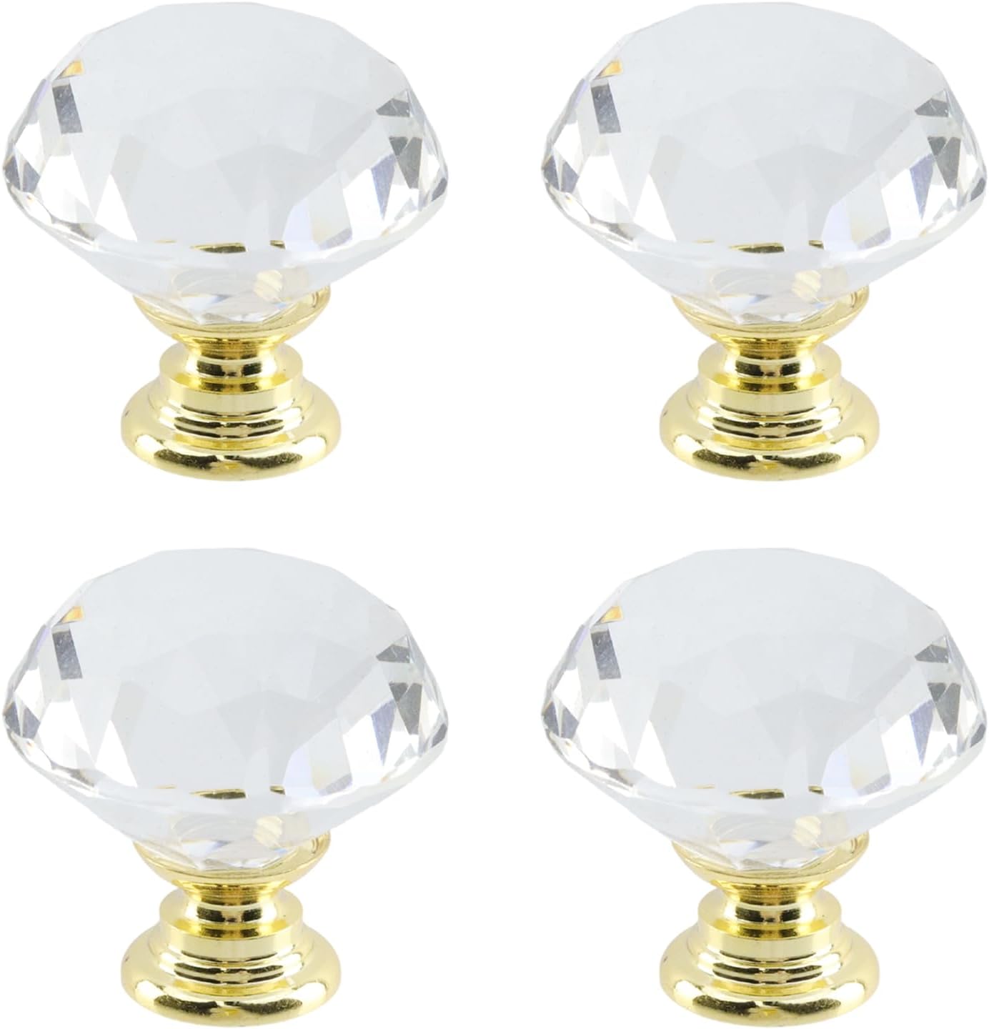 4Pcs Flat-top Diamond 1.18"/30mm Crystal Glass Pull Handle Cabinet Knobs Cupboard Drawers Cabinet Dresser Bookcase Wardrobe,Gold-Transparent