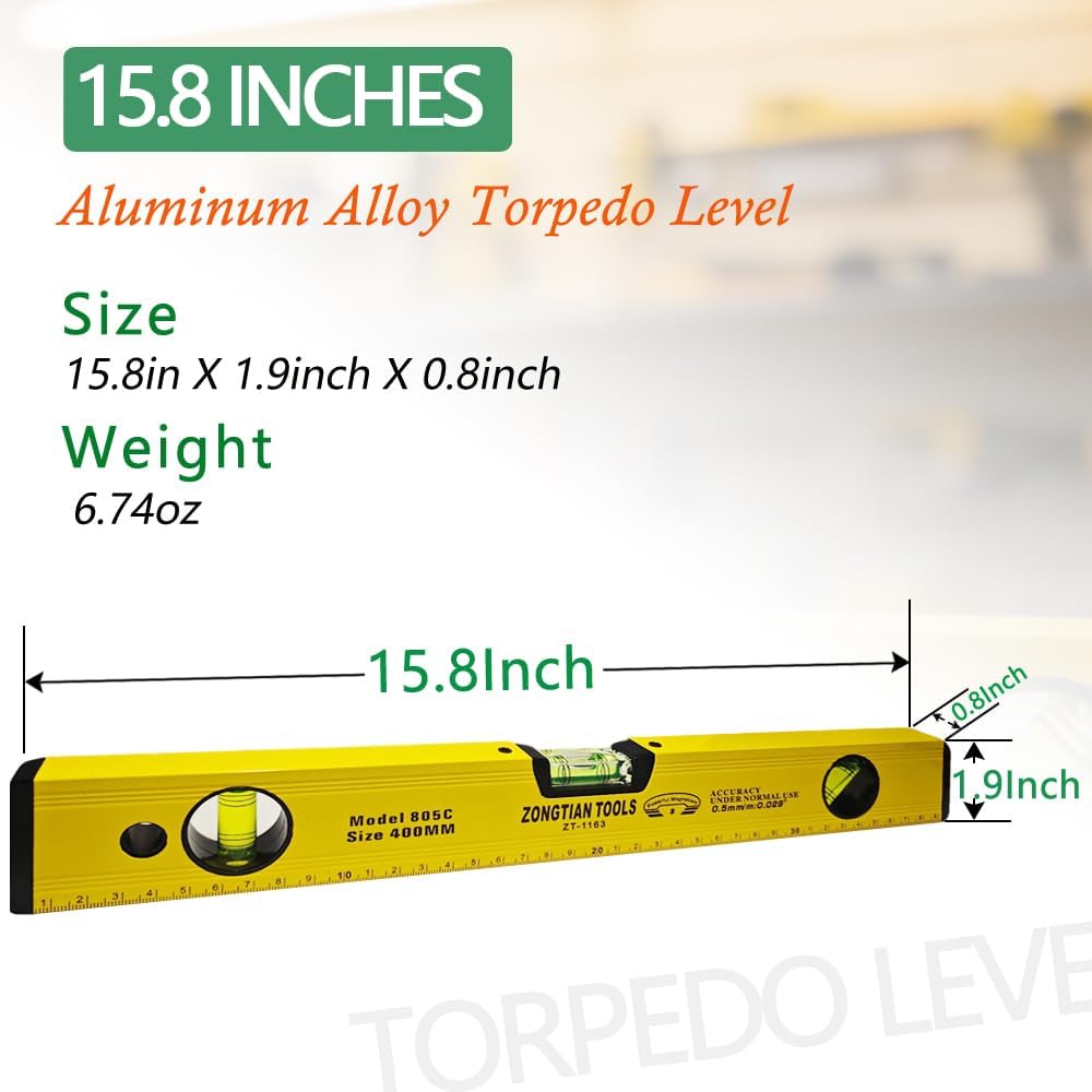 15.8 Inch Torpedo Level Magnetic, Aluminum Alloy Level Tool, Equipped with 45/90/180 Degree Bubble Vials and Scale Ruler, Open Top-View Design