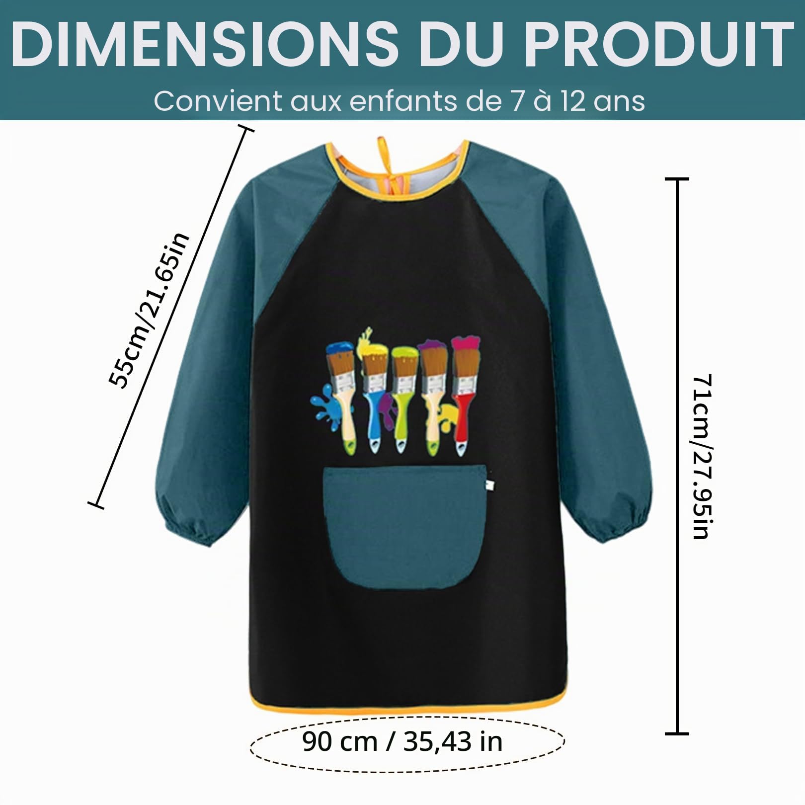 AONEGOLD Tablier de peinture enfant 7‑12 ans à manches longues, blouse imperméable avec grandes poches, pour peinture, cuisine, artisanat, repas et activités scolaires