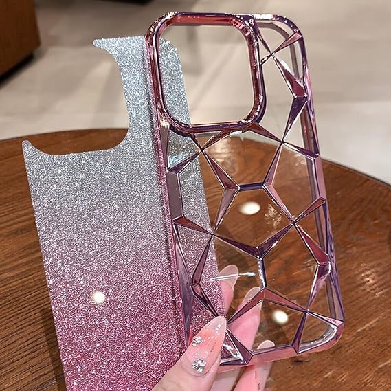 Image of VONZEE Compatible with iPhone 15 Pro Max Gradient Glitter Case, Luxury Electroplated 3D Cube, Diamond Bling Shiny Soft TPU Clear Shockproof Case Women Girls Protective Phone Cover (Rose Gold)