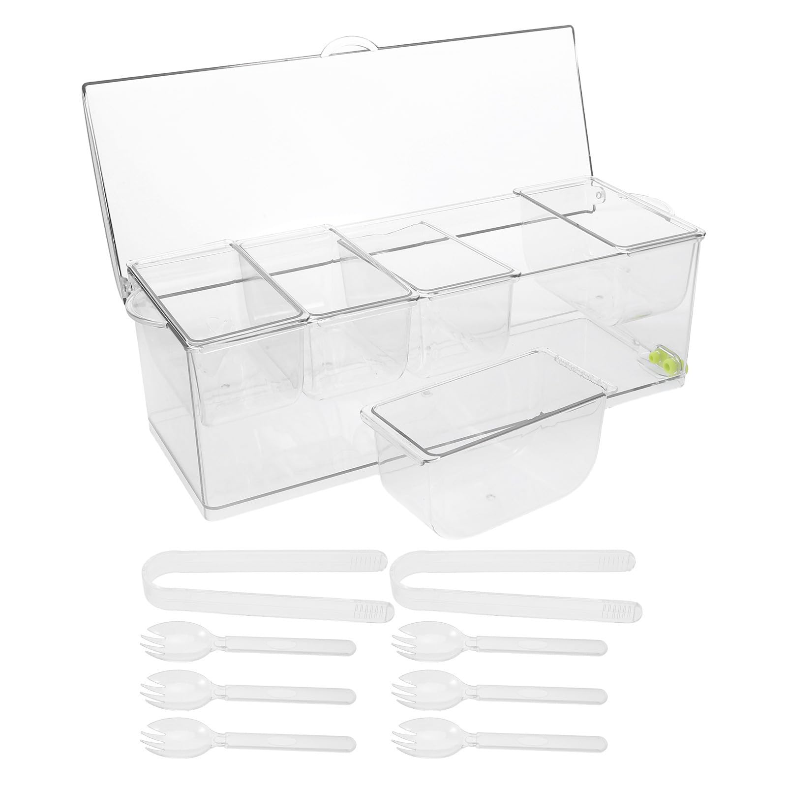 SOLUSTRE Plateau à Condiments Réfrigéré Set 1 Pièce avec Couvercle 5 Compartiments en PET Facile à Nettoyer avec Pinces et Cuillères pour Buffet Froid et Bar